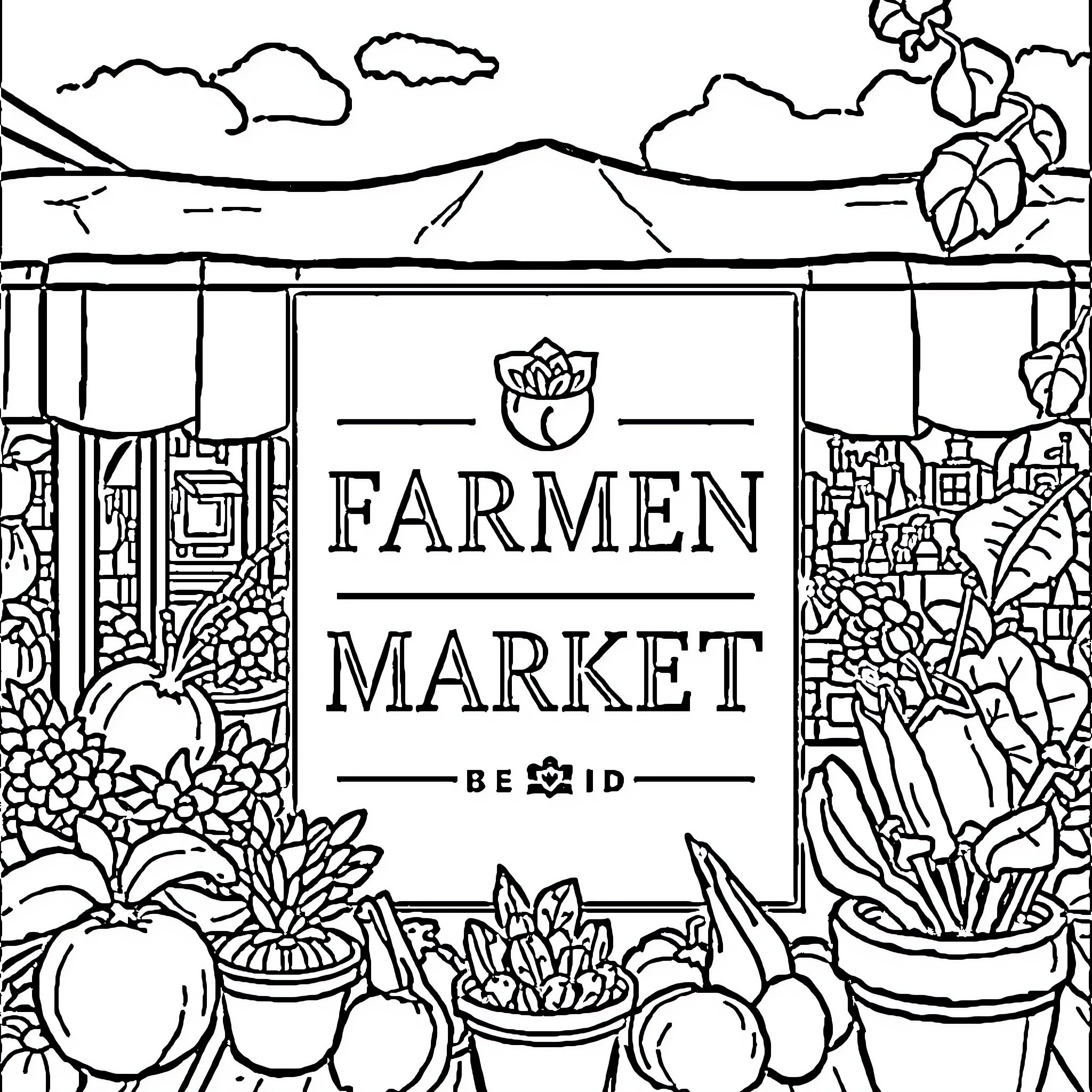 Farmers Market with Plants, Produce, and Signage Coloring Page (free black-and-white line drawing printable PDF for all, from beginners to advanced learners, including children, teens, adults, and seniors)