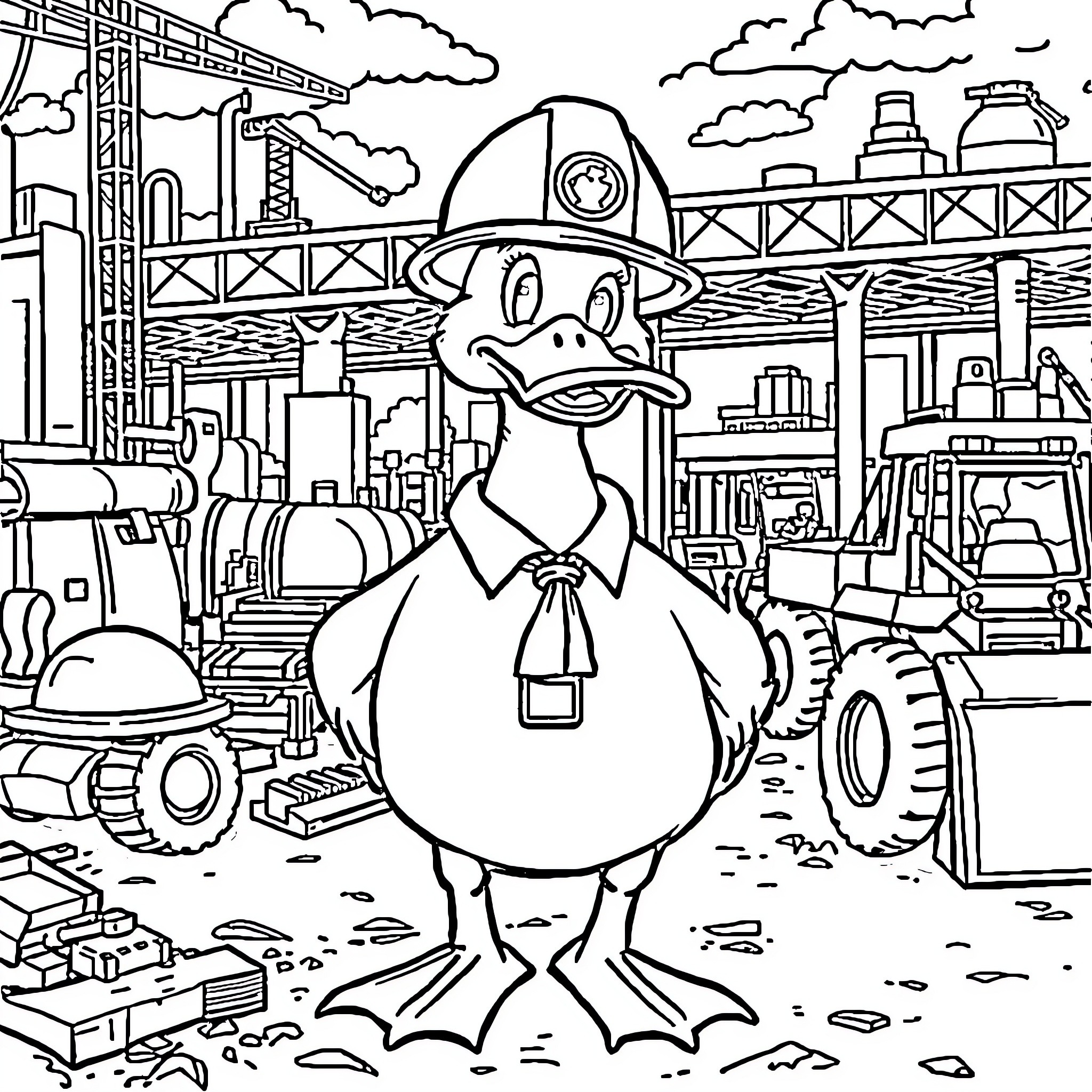 Duck Working Diligently at the Construction Site Coloring Page (free black-and-white line drawing printable PDF for all, from beginners to advanced learners, including children, teens, adults, and seniors)