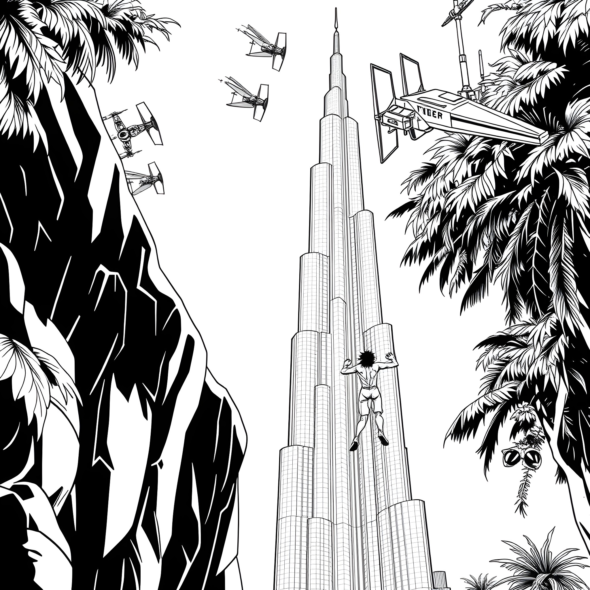 Tarzan swinging through the jungle towards a futuristic city Coloring Page (free black-and-white line drawing printable PDF for all, from beginners to advanced learners, including children, teens, adults, and seniors)