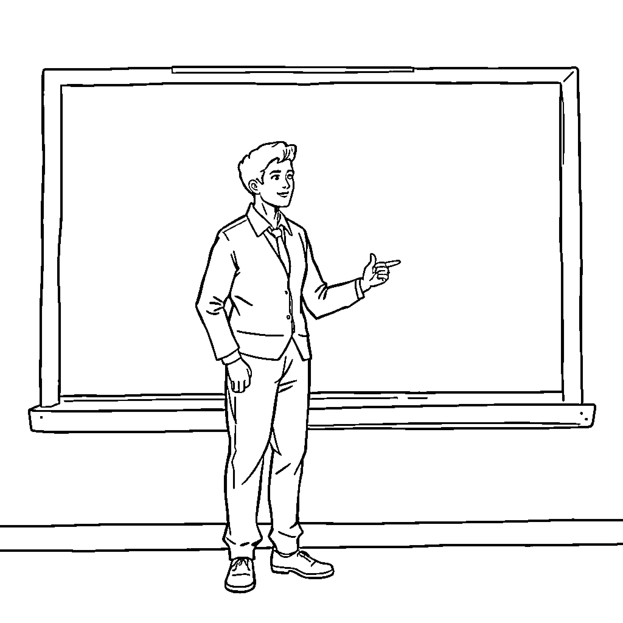 Teacher presenting in front of chalkboard Coloring Page (free black-and-white line drawing printable PDF for all, from beginners to advanced learners, including children, teens, adults, and seniors)