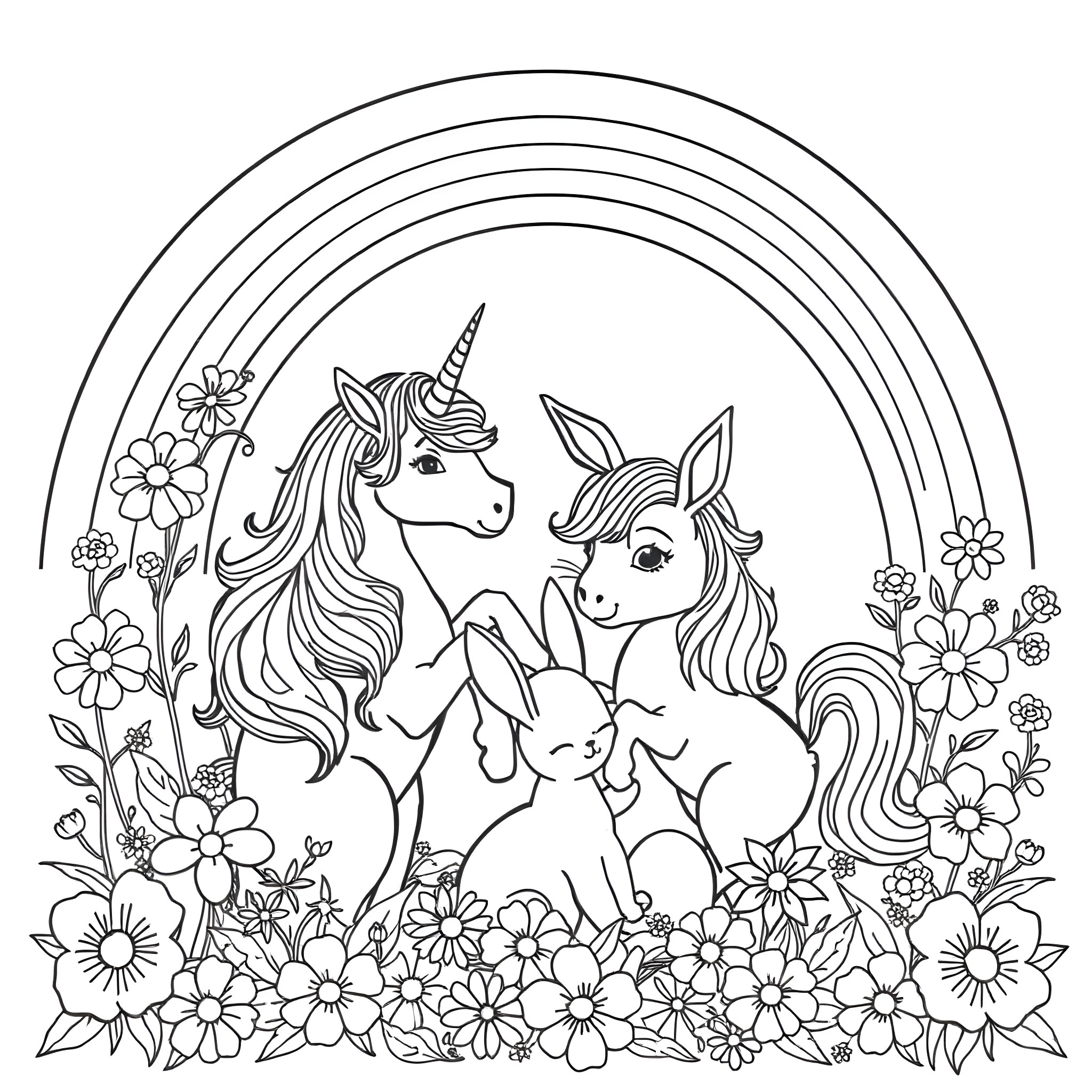 Unicorn family in a flowery meadow Coloring Page (free black-and-white line drawing printable PDF for all, from beginners to advanced learners, including children, teens, adults, and seniors)