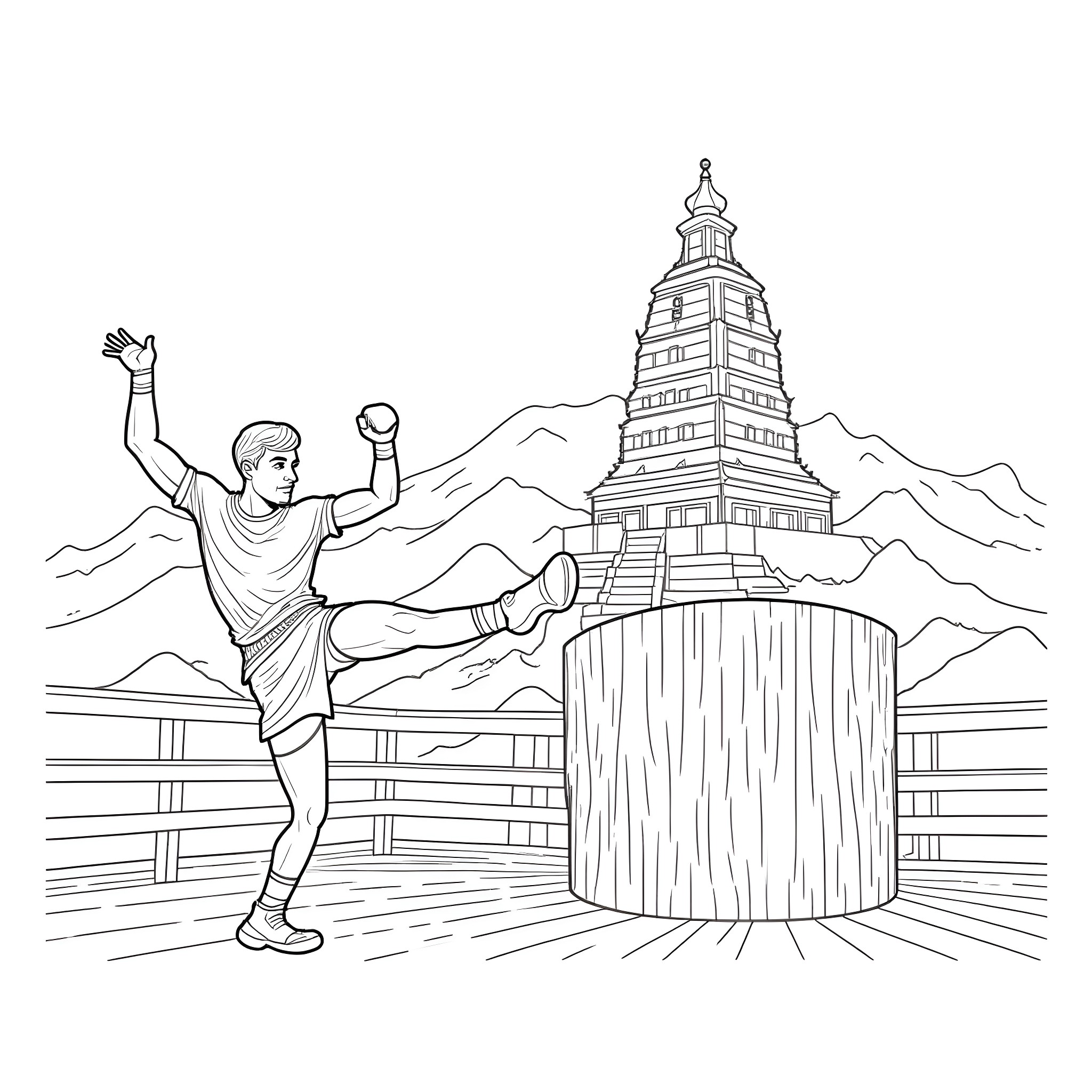Kickboxer performing martial arts in front of a temple Coloring Page (free black-and-white line drawing printable PDF for all, from beginners to advanced learners, including children, teens, adults, and seniors)