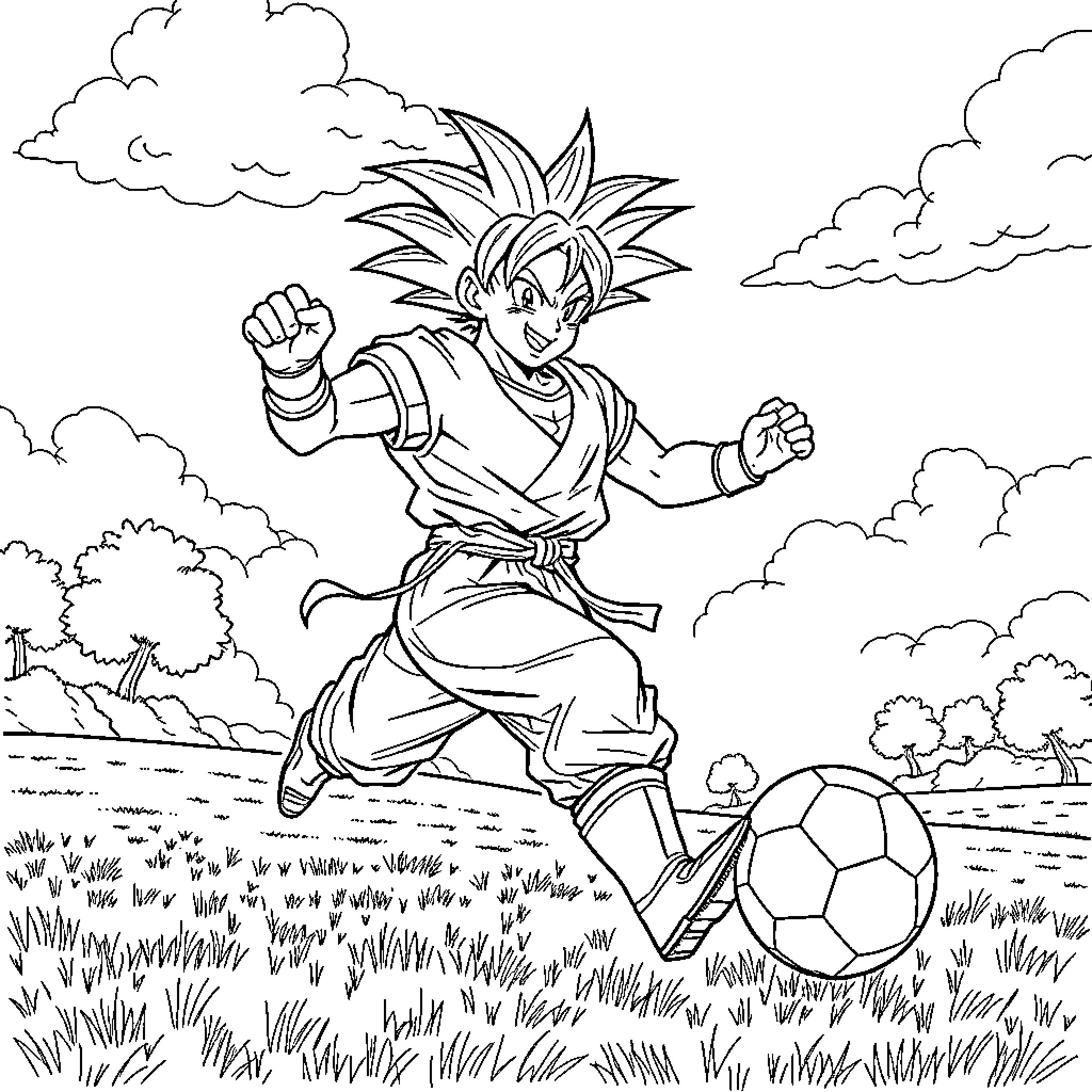 Goku Charging with Determination in the Outdoors Coloring Page (free black-and-white line drawing printable PDF for all, from beginners to advanced learners, including children, teens, adults, and seniors)
