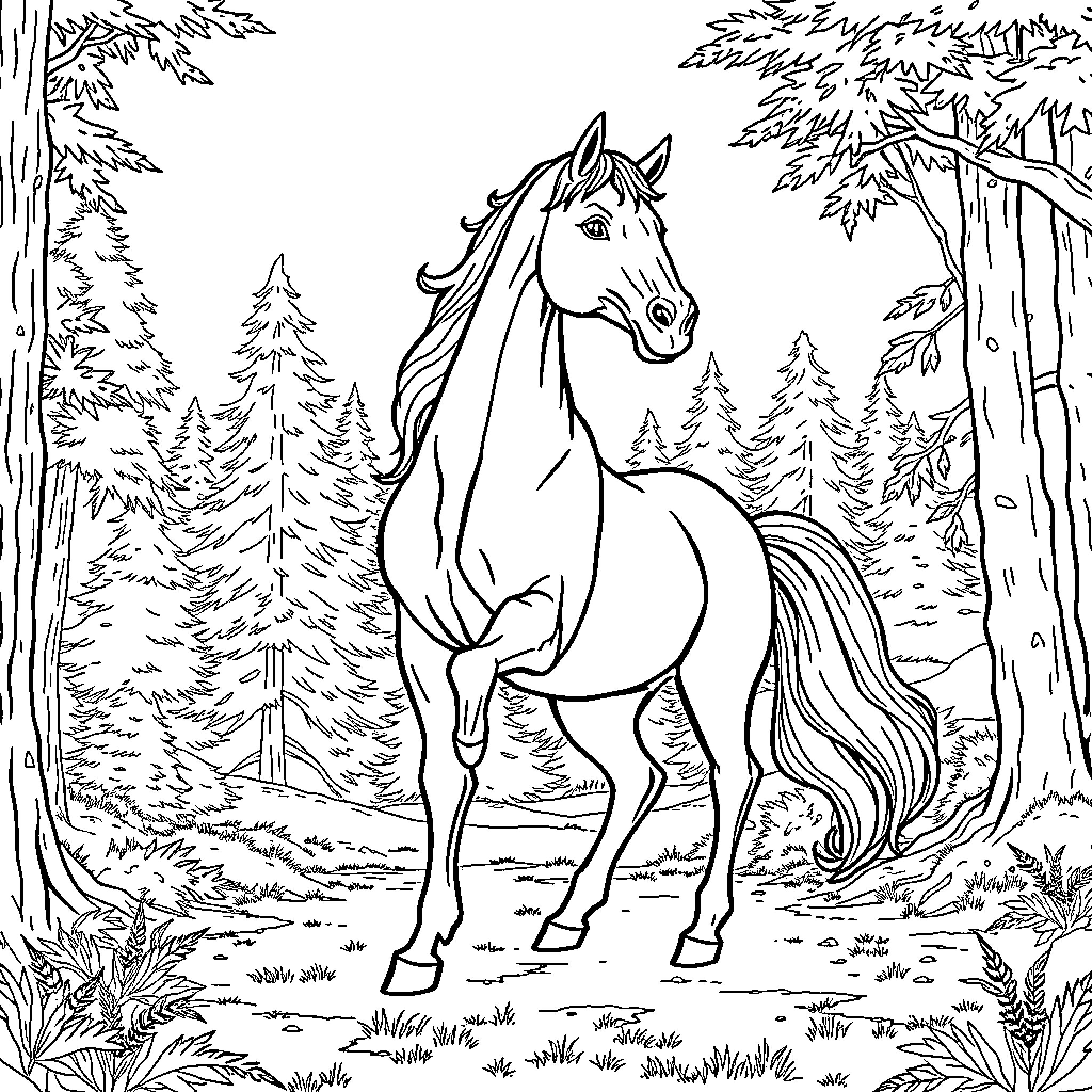 Centaur in the Enchanted Forest Coloring Page (free black-and-white line drawing printable PDF for all, from beginners to advanced learners, including children, teens, adults, and seniors)