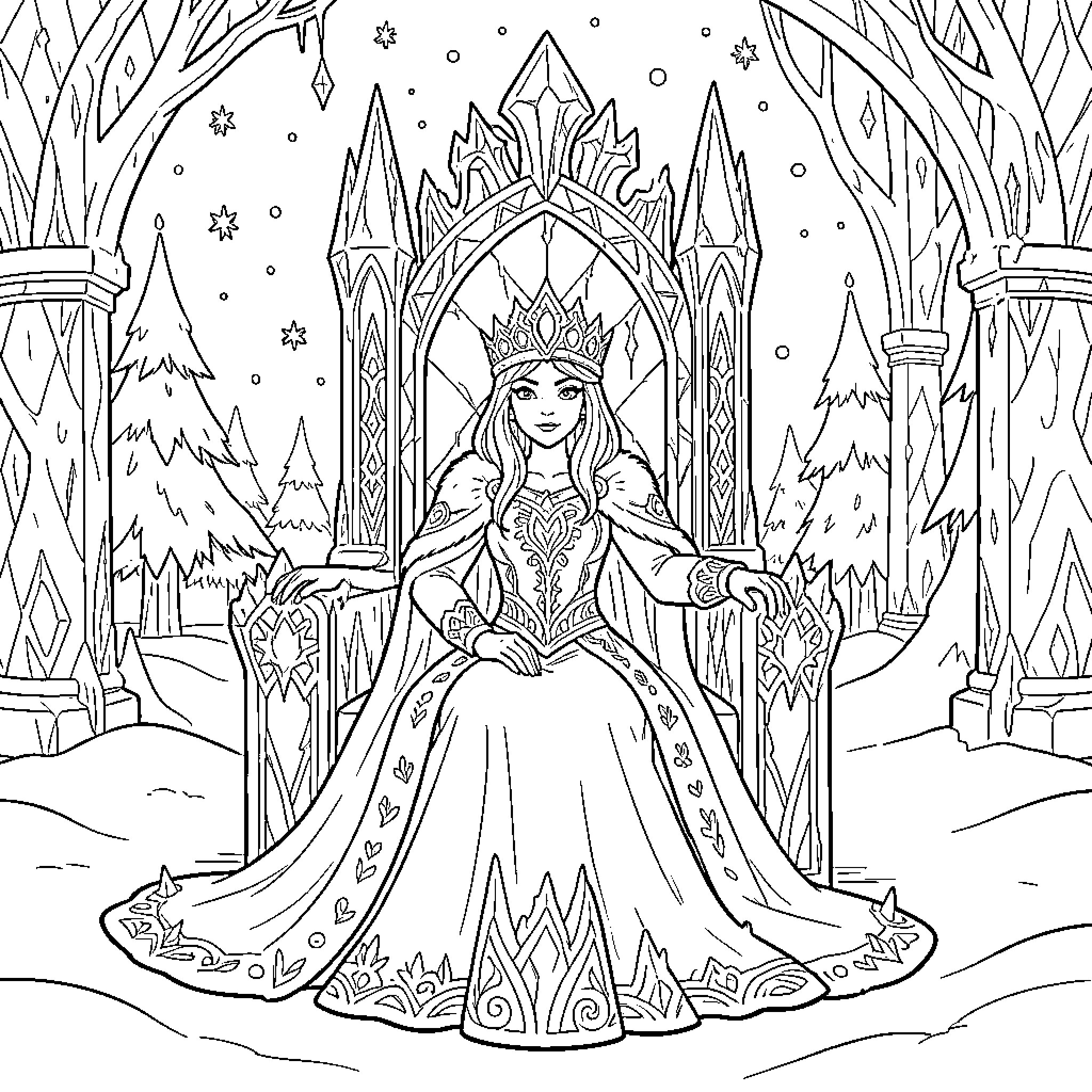 Queen sitting regally on a throne in a snowy forest Coloring Page (free black-and-white line drawing printable PDF for all, from beginners to advanced learners, including children, teens, adults, and seniors)