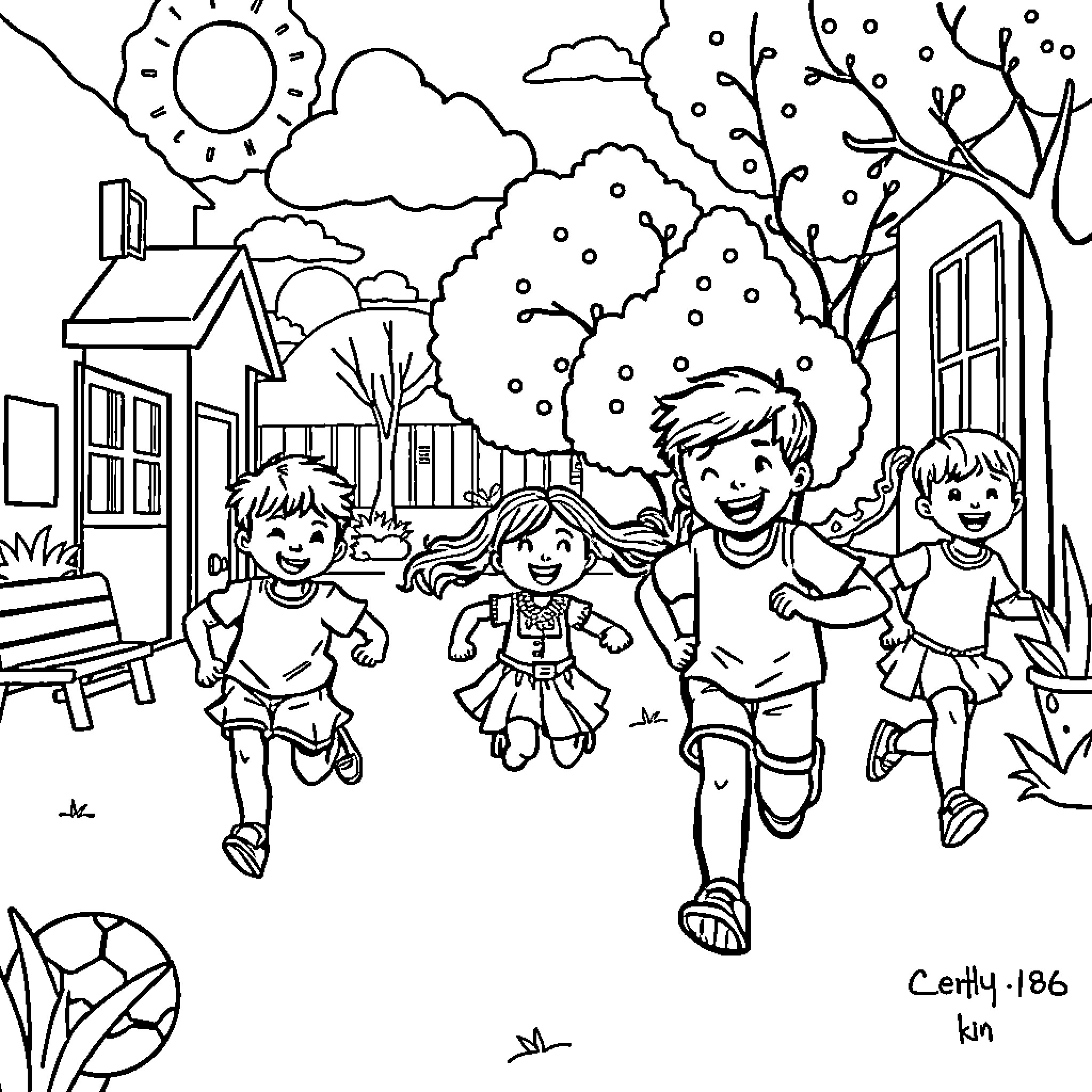 Children playing happily in the neighborhood Coloring Page (free black-and-white line drawing printable PDF for all, from beginners to advanced learners, including children, teens, adults, and seniors)