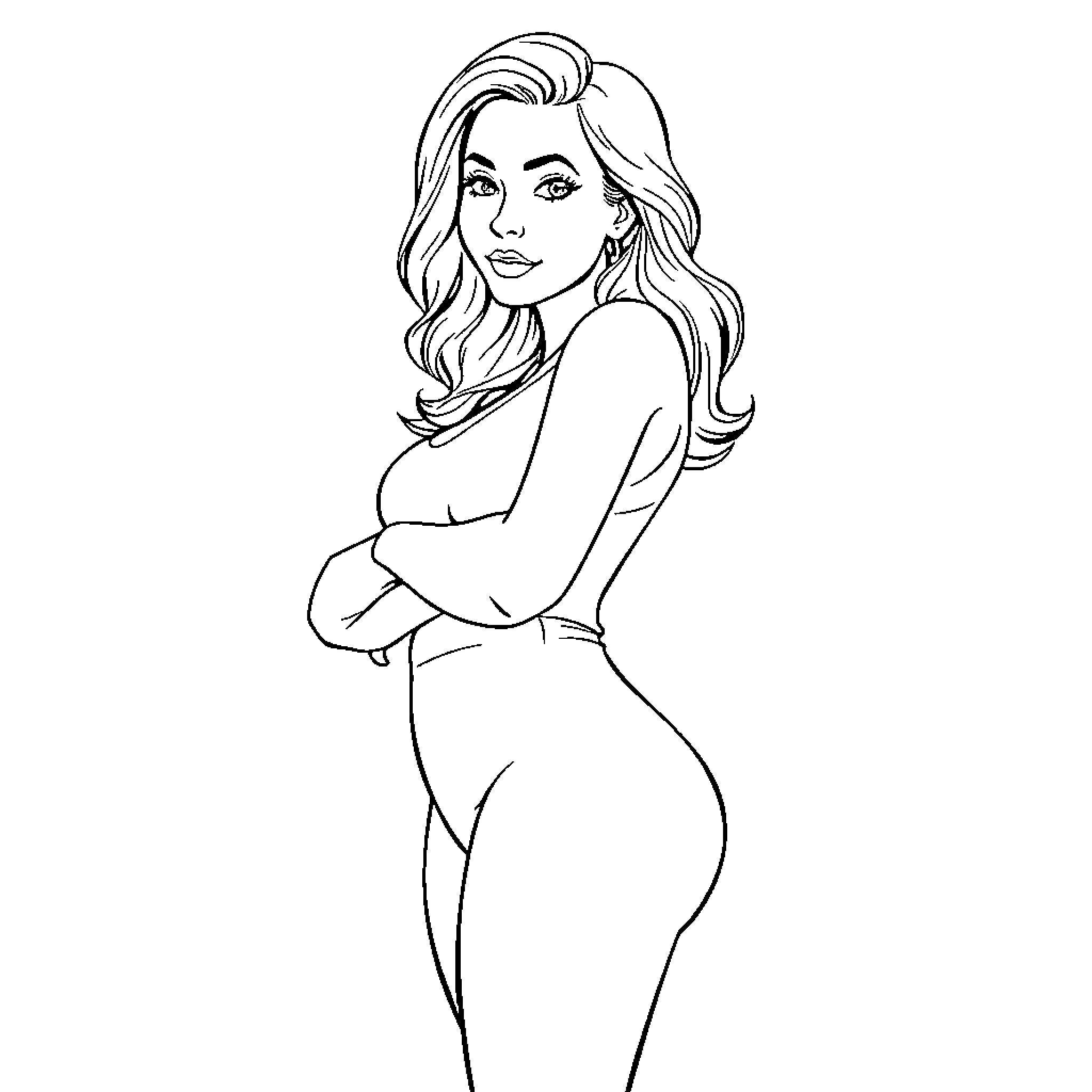 Woman in confident, casual pose Coloring Page (free black-and-white line drawing printable PDF for all, from beginners to advanced learners, including children, teens, adults, and seniors)
