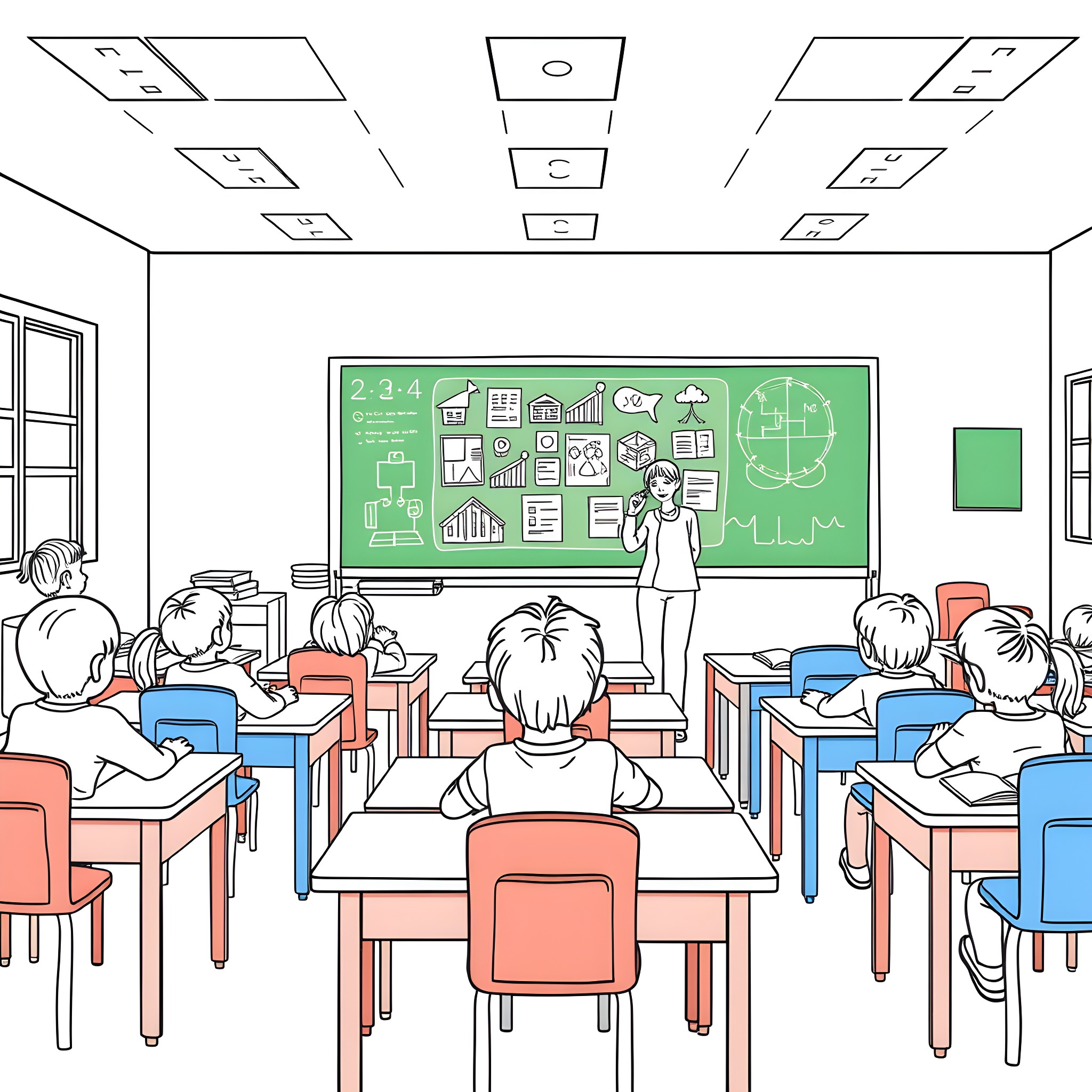 Kid learning in a colorful classroom Coloring Page (free black-and-white line drawing printable PDF for all, from beginners to advanced learners, including children, teens, adults, and seniors)