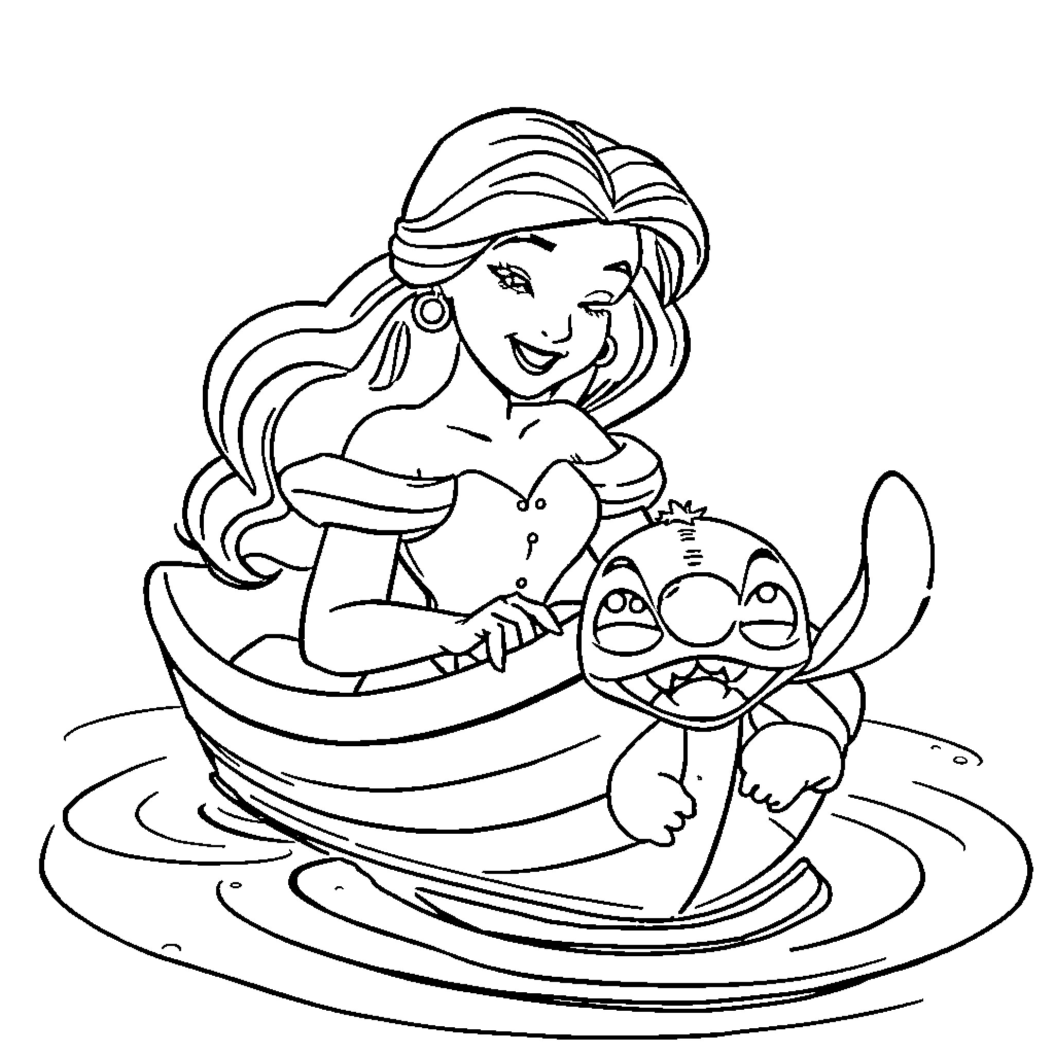 Belle enjoying a playful day with her sea creature friend Coloring Page (free black-and-white line drawing printable PDF for all, from beginners to advanced learners, including children, teens, adults, and seniors)