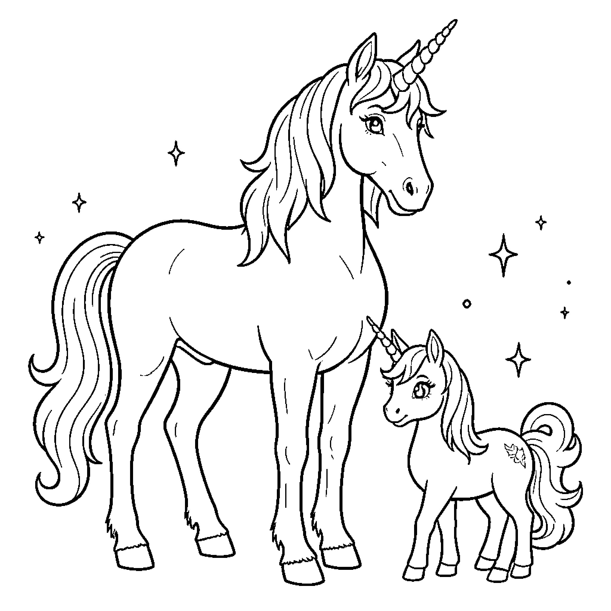 Unicorn standing gracefully with a small foal Coloring Page (free black-and-white line drawing printable PDF for all, from beginners to advanced learners, including children, teens, adults, and seniors)