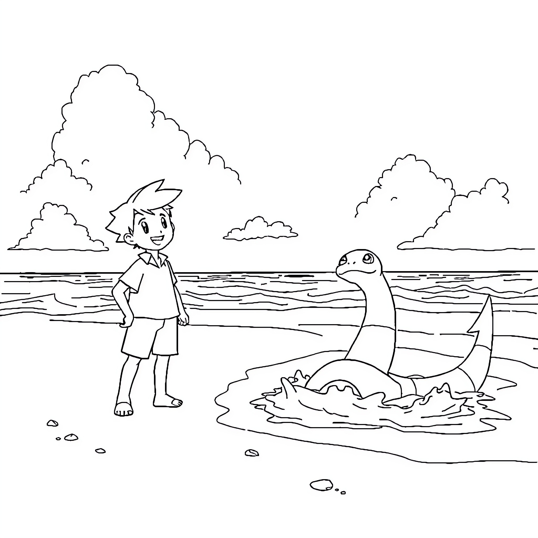 Ash Ketchum explores the ocean with Pokémon Coloring Page (free black-and-white line drawing printable PDF for all, from beginners to advanced learners, including children, teens, adults, and seniors)