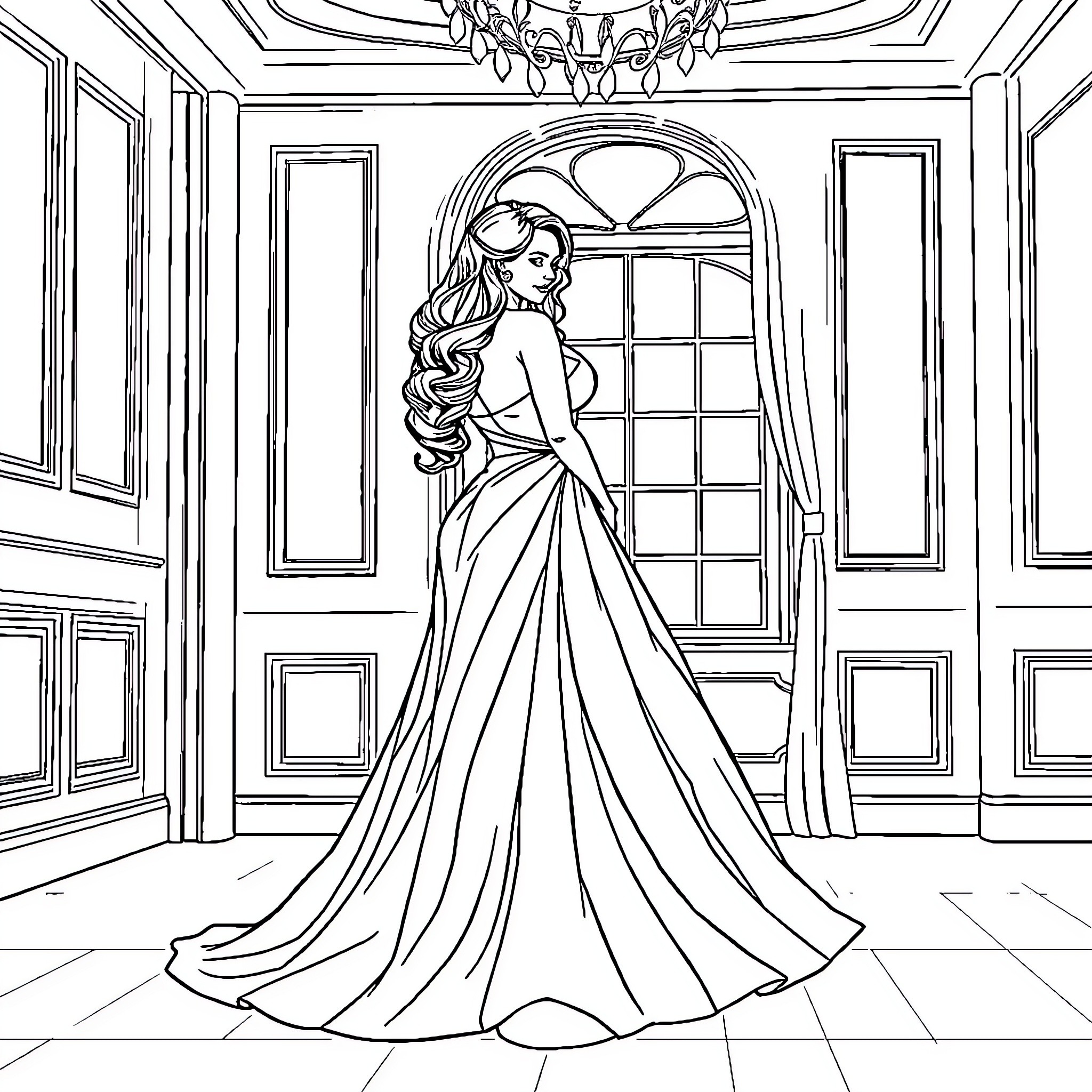 Rumi in a Graceful Ballroom Gown Coloring Page (free black-and-white line drawing printable PDF for all, from beginners to advanced learners, including children, teens, adults, and seniors)