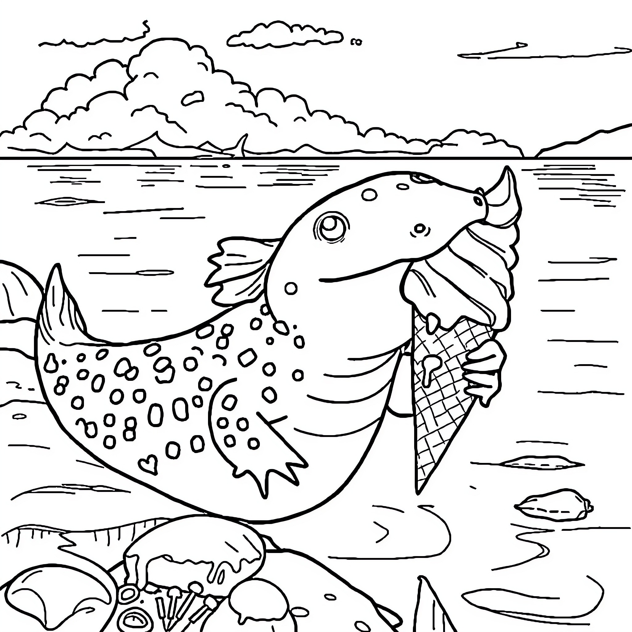 Axolotl Swimming in the Ocean Coloring Page (free black-and-white line drawing printable PDF for all, from beginners to advanced learners, including children, teens, adults, and seniors)