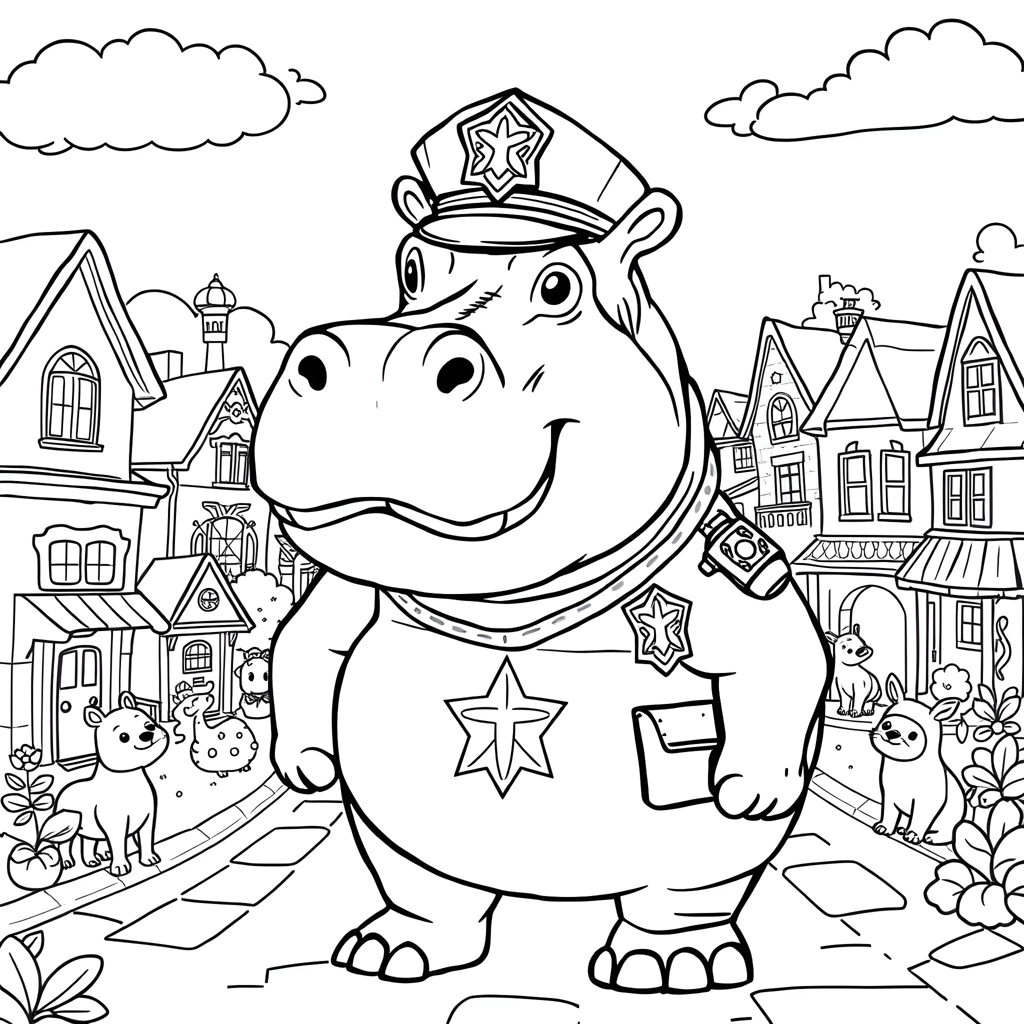 Hippo police officer on patrol in a town Coloring Page (free black-and-white line drawing printable PDF for all, from beginners to advanced learners, including children, teens, adults, and seniors)