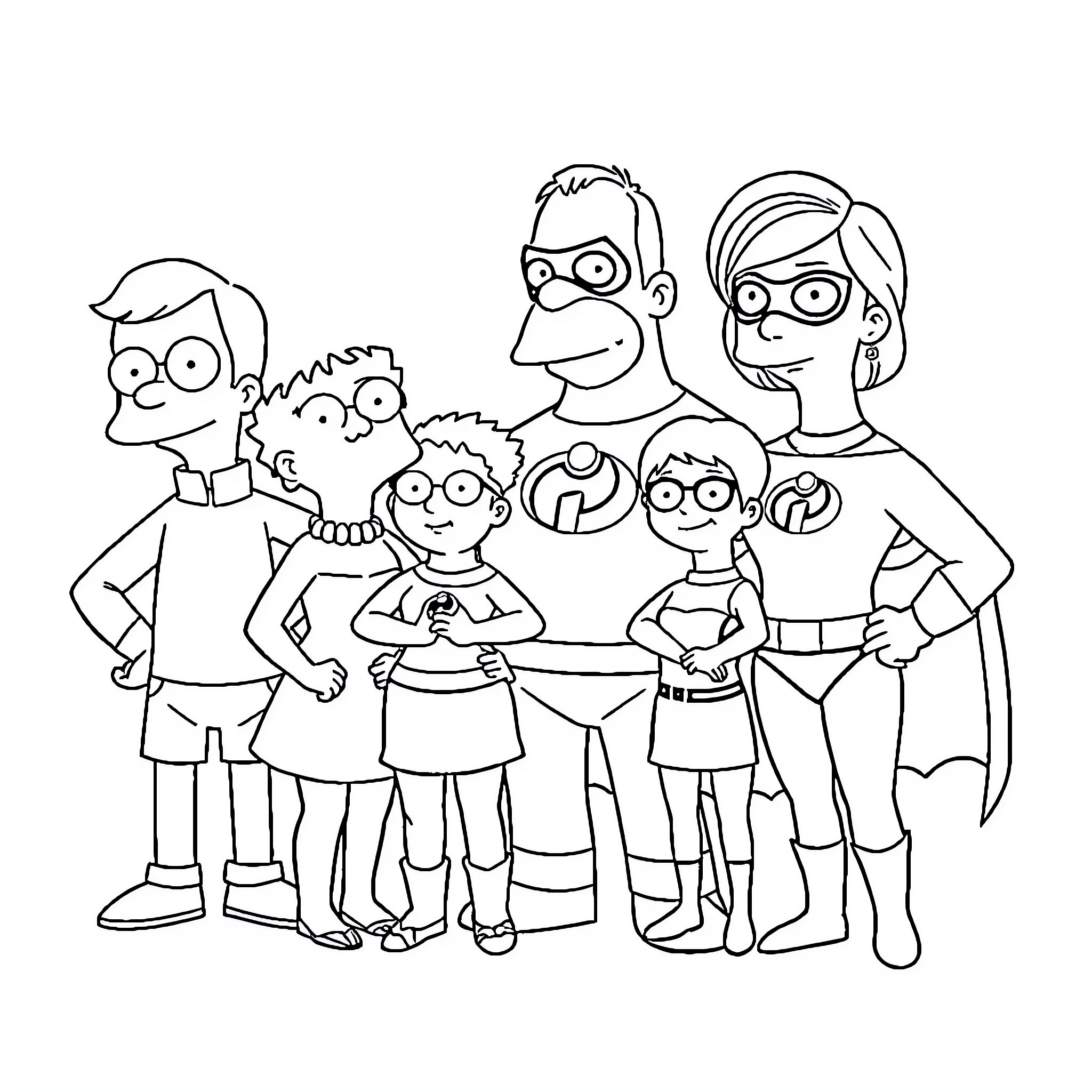 Simpson family members in various poses and expressions Coloring Page (free black-and-white line drawing printable PDF for all, from beginners to advanced learners, including children, teens, adults, and seniors)