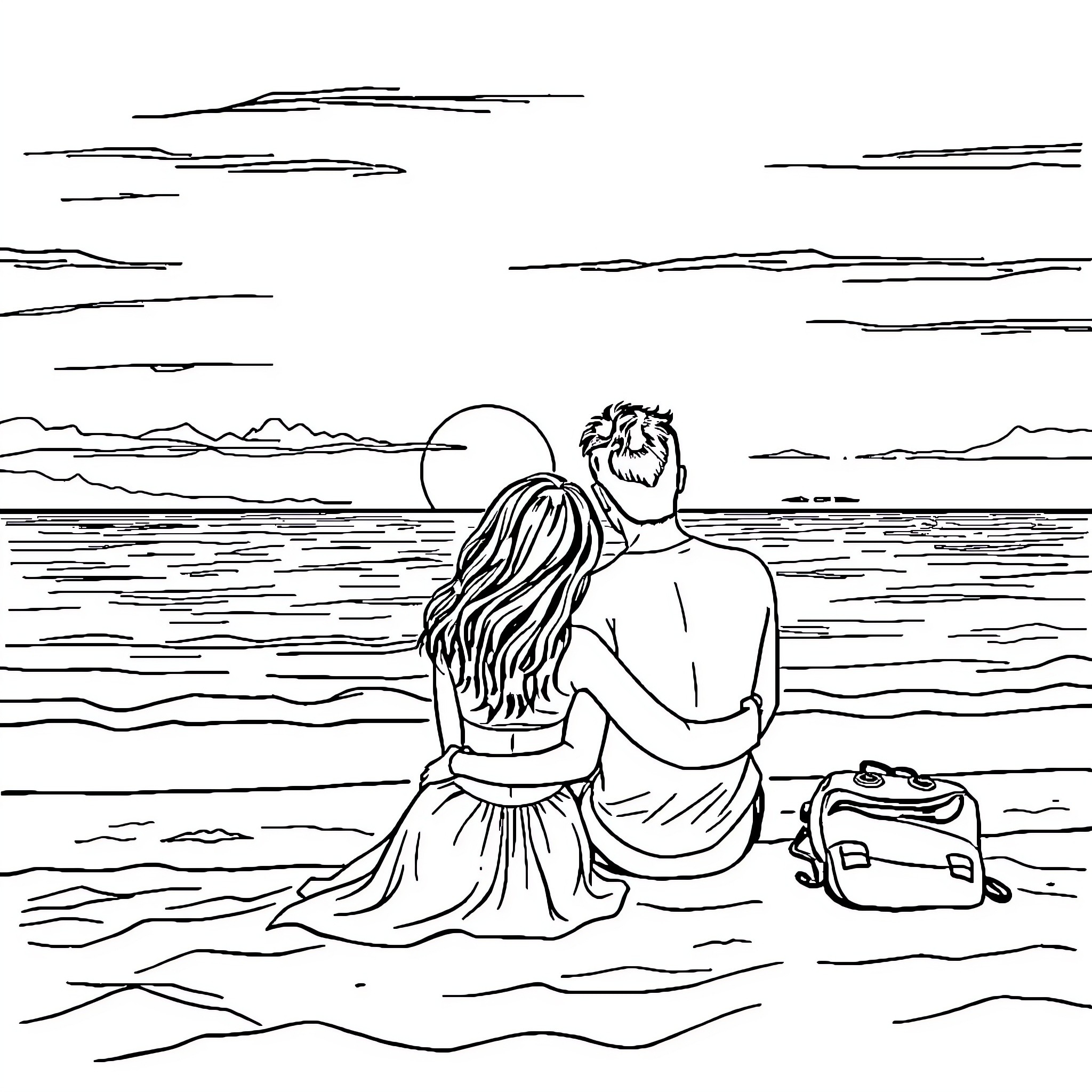 Pareja disfrutando del atardecer en la playa Coloring Page (free black-and-white line drawing printable PDF for all, from beginners to advanced learners, including children, teens, adults, and seniors)