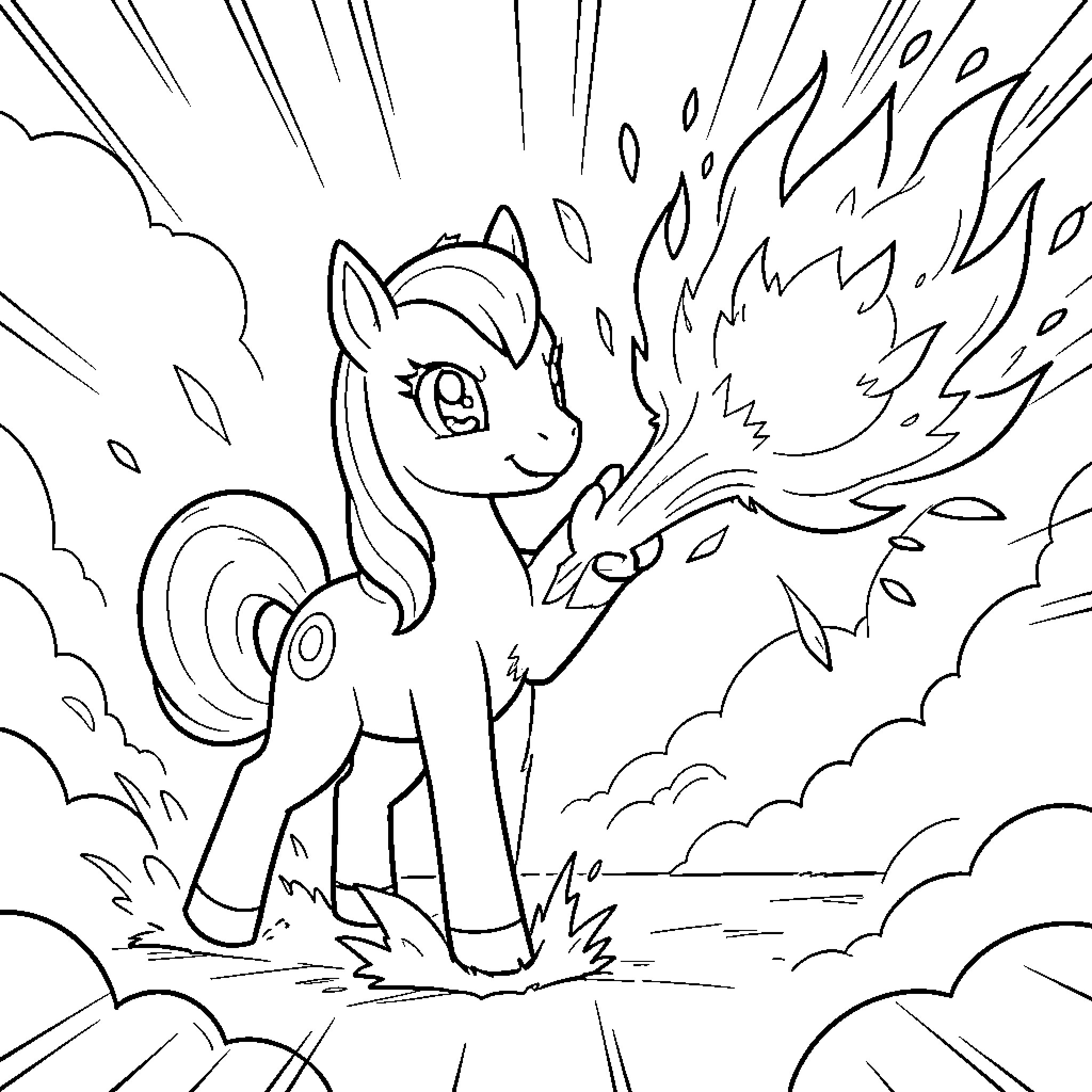 Ponyta conjuring magical flames with a joyful expression Coloring Page (free black-and-white line drawing printable PDF for all, from beginners to advanced learners, including children, teens, adults, and seniors)