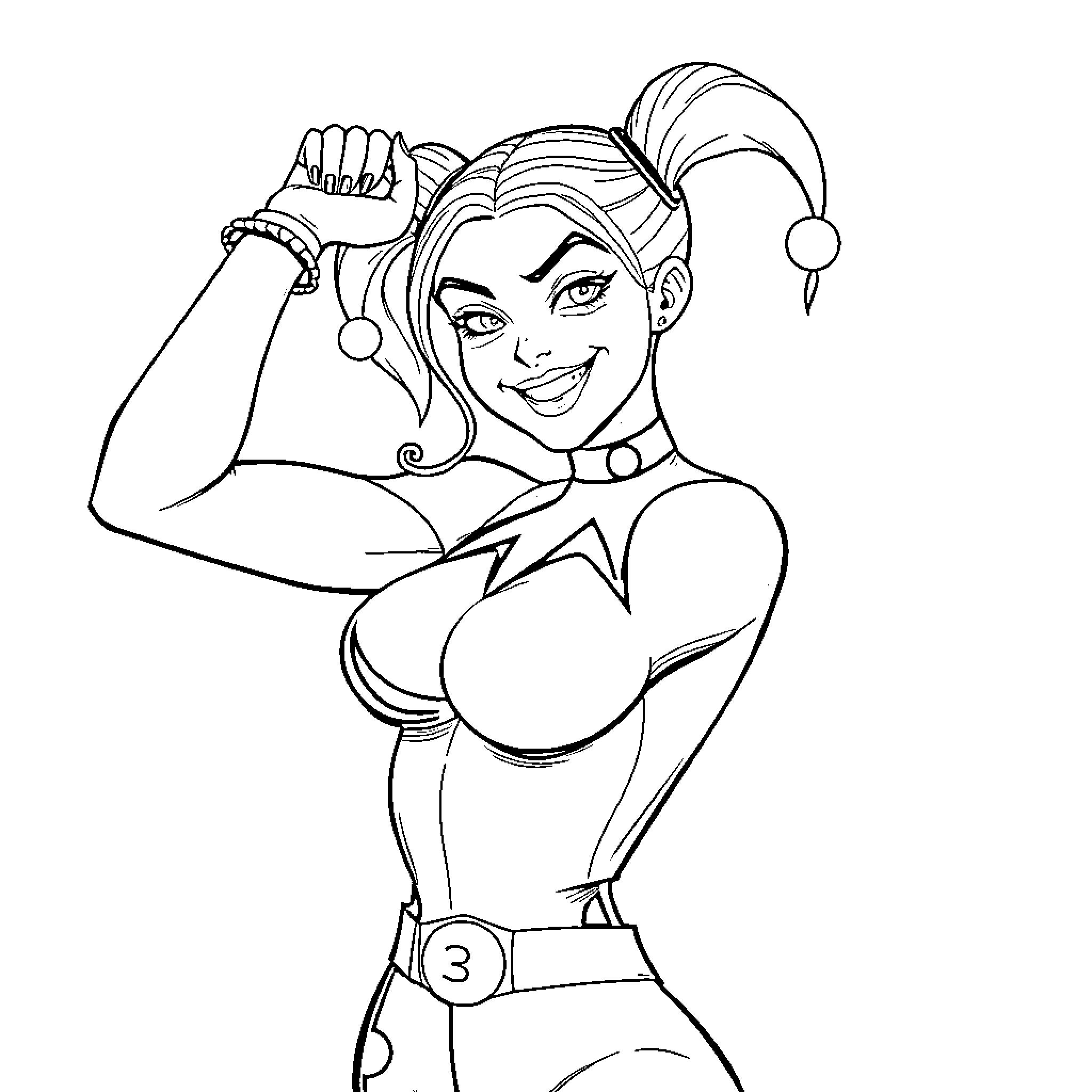 Harley Quinn striking a confident pose Coloring Page (free black-and-white line drawing printable PDF for all, from beginners to advanced learners, including children, teens, adults, and seniors)
