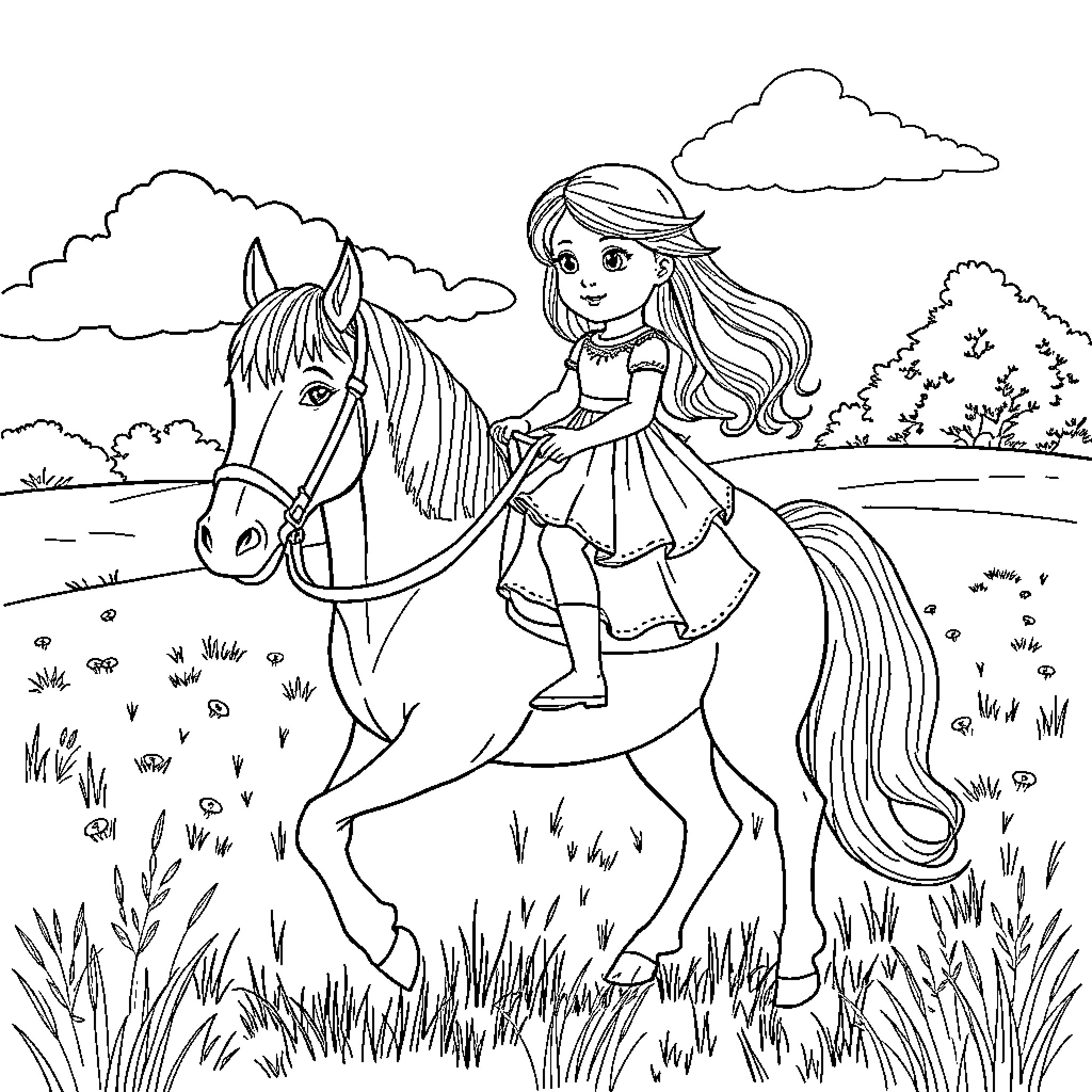 Doll Riding a Horse in the Countryside Coloring Page (free black-and-white line drawing printable PDF for all, from beginners to advanced learners, including children, teens, adults, and seniors)