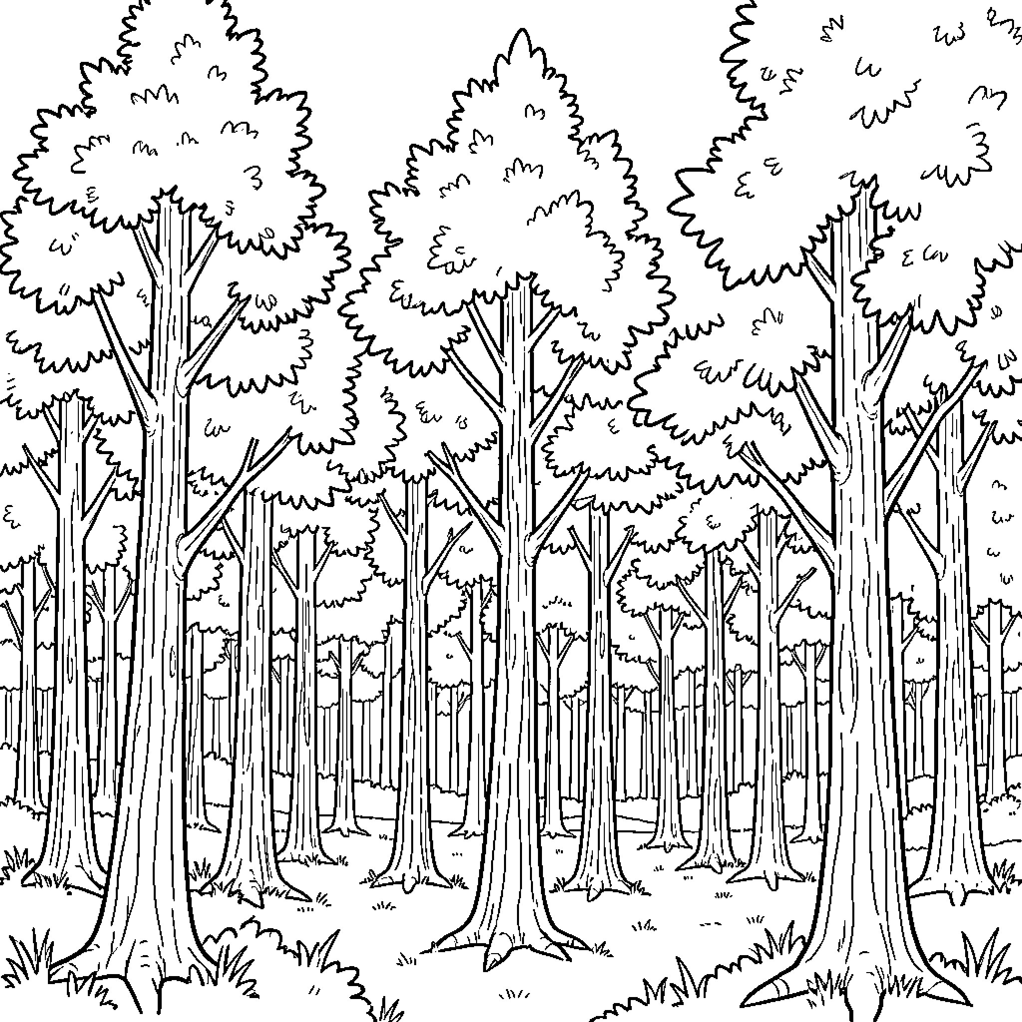 Tree forest standing tall in a dense woodland Coloring Page (free black-and-white line drawing printable PDF for all, from beginners to advanced learners, including children, teens, adults, and seniors)