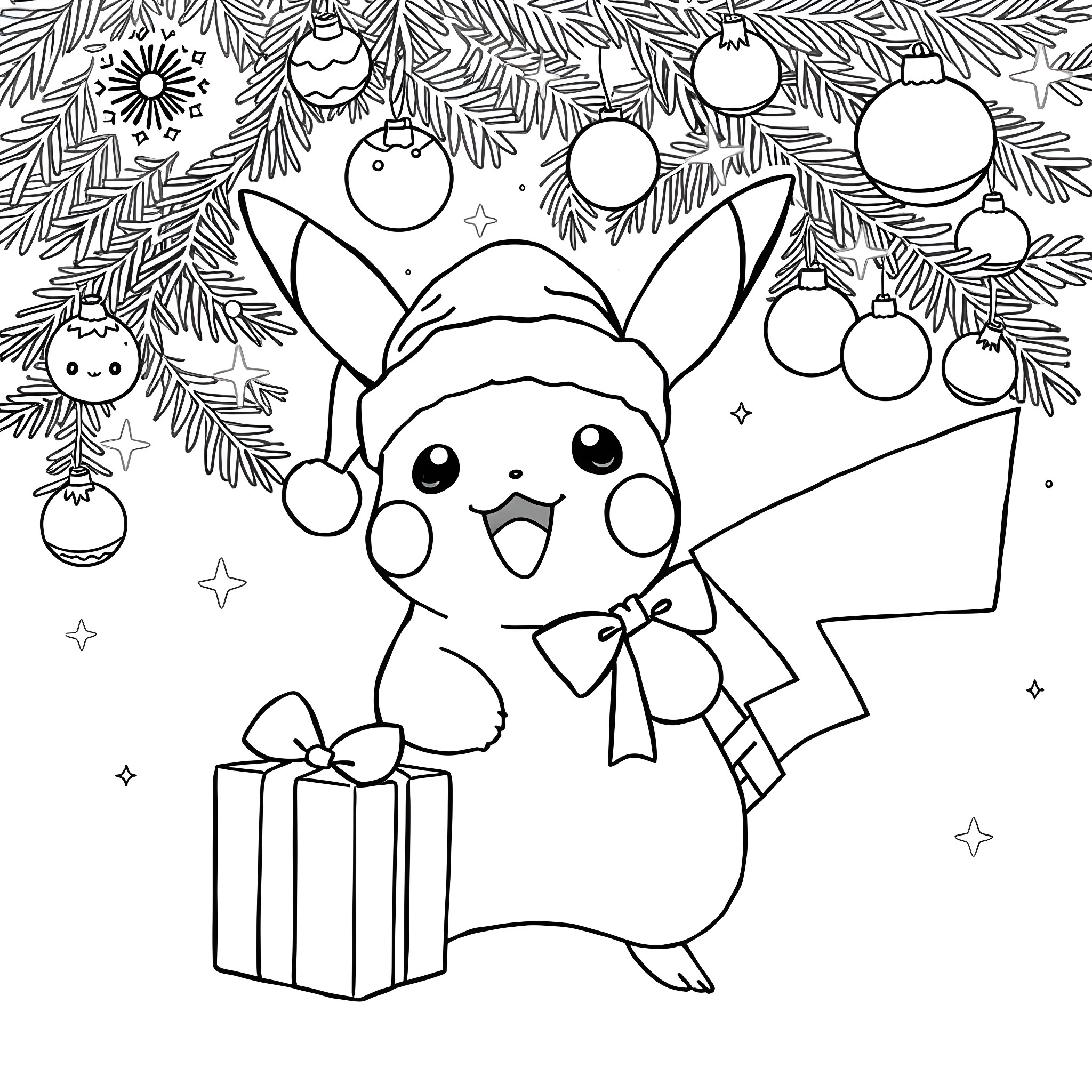 Pikachu celebrating Christmas with gifts and decorations Coloring Page (free black-and-white line drawing printable PDF for all, from beginners to advanced learners, including children, teens, adults, and seniors)
