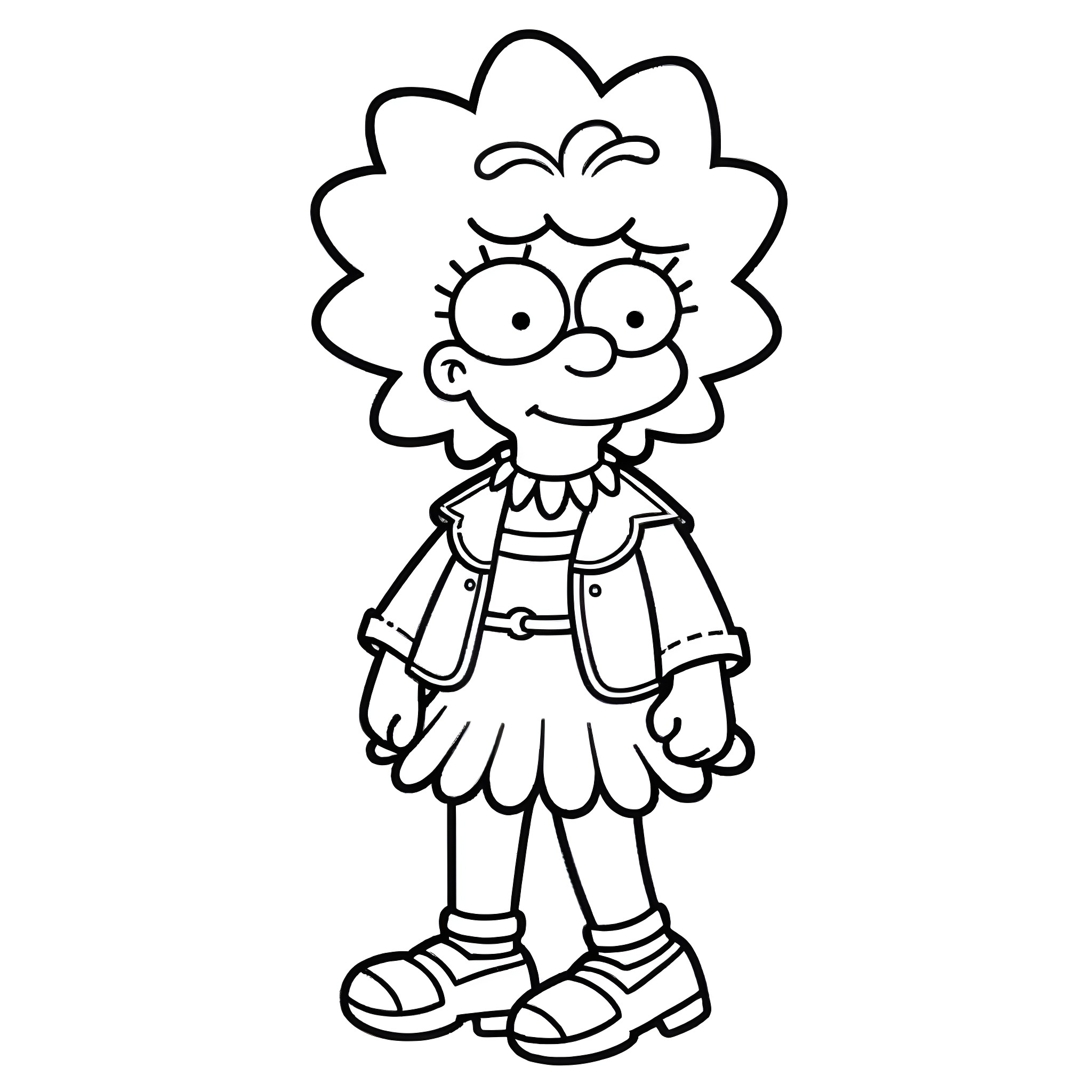 Lisa Simpson in whimsical pose Coloring Page (free black-and-white line drawing printable PDF for all, from beginners to advanced learners, including children, teens, adults, and seniors)
