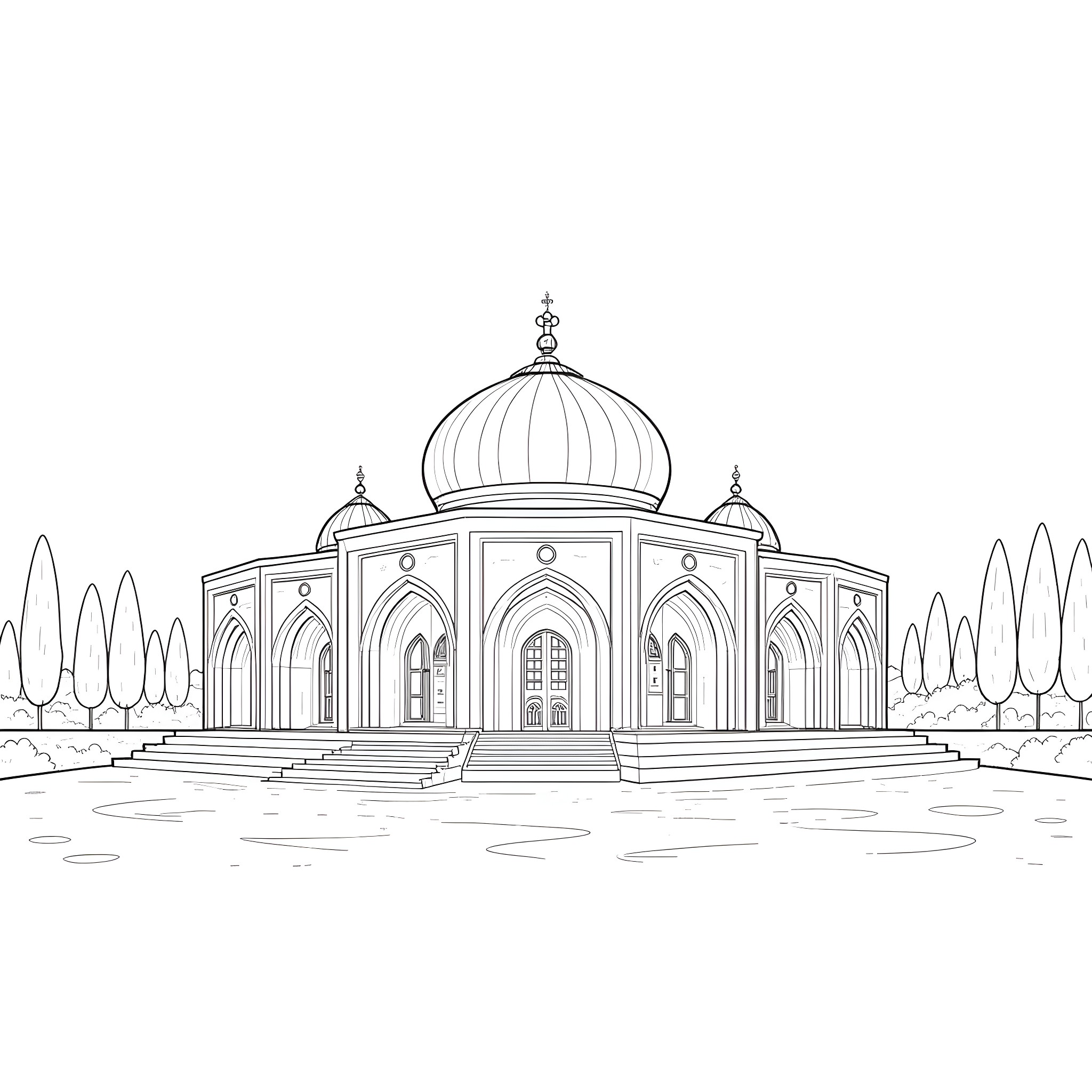 Baha'i Architectural Masterpiece in Serene Setting Coloring Page (free black-and-white line drawing printable PDF for all, from beginners to advanced learners, including children, teens, adults, and seniors)