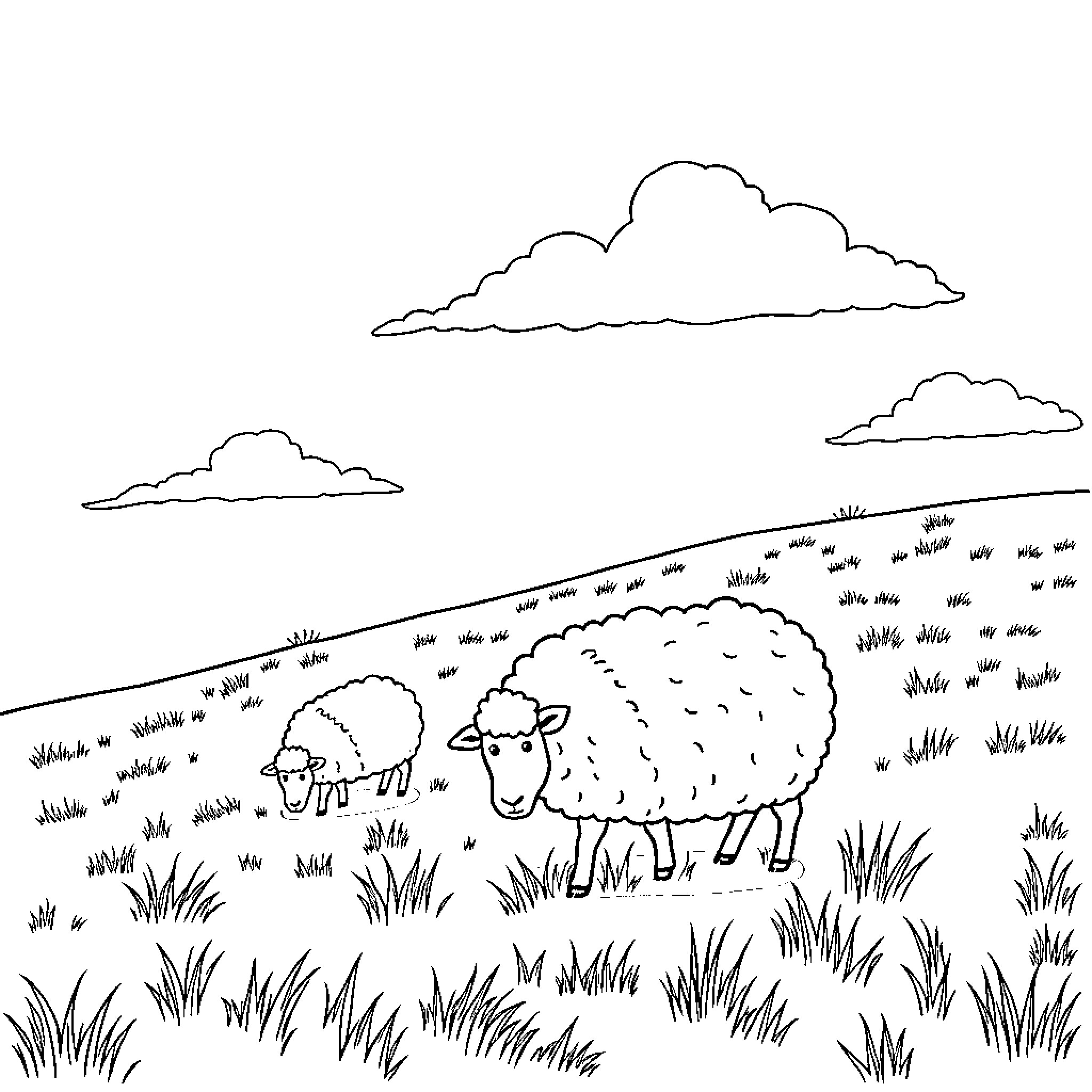 Sheep grazing peacefully in a meadow Coloring Page (free black-and-white line drawing printable PDF for all, from beginners to advanced learners, including children, teens, adults, and seniors)