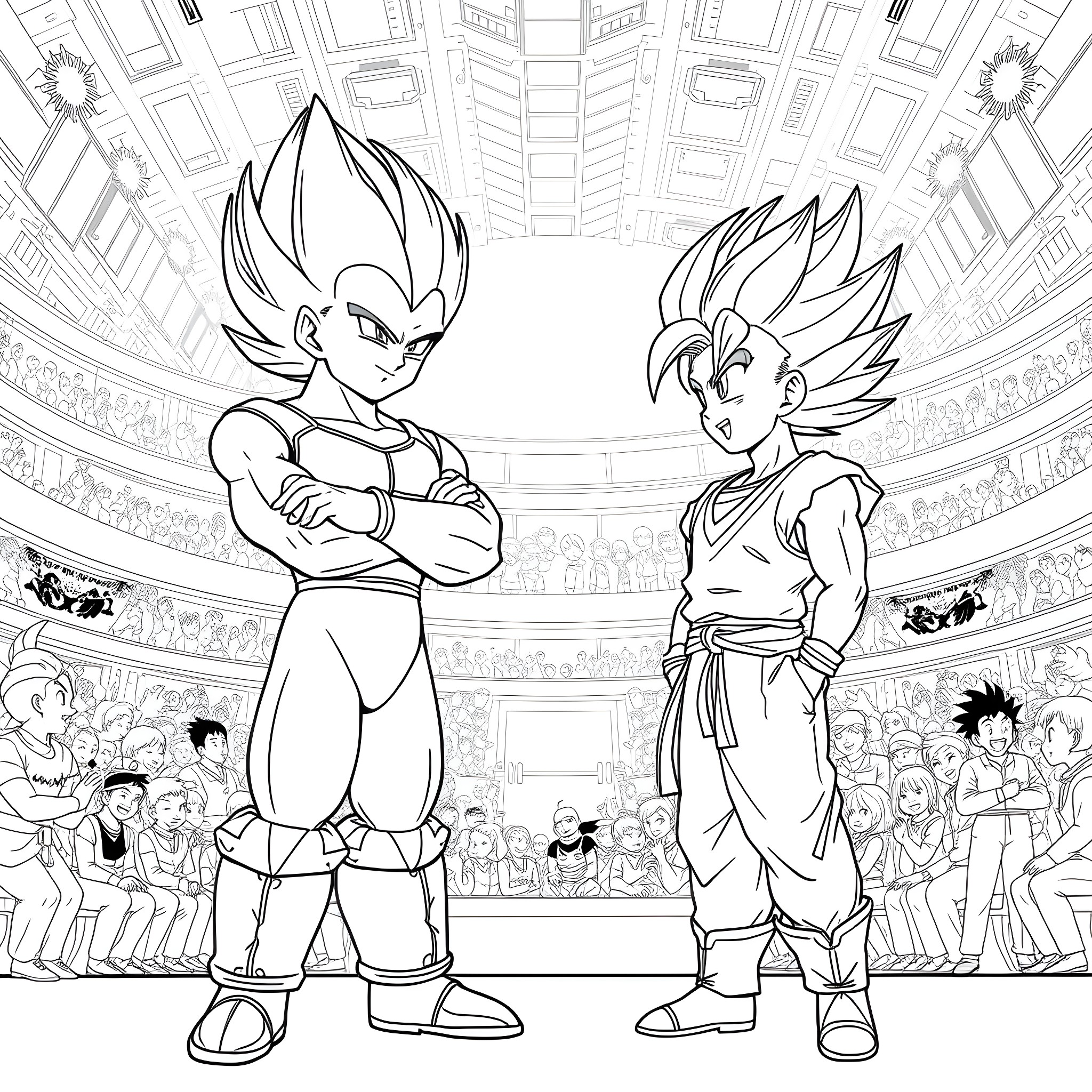 Vegeta and Goku in an epic showdown Coloring Page (free black-and-white line drawing printable PDF for all, from beginners to advanced learners, including children, teens, adults, and seniors)