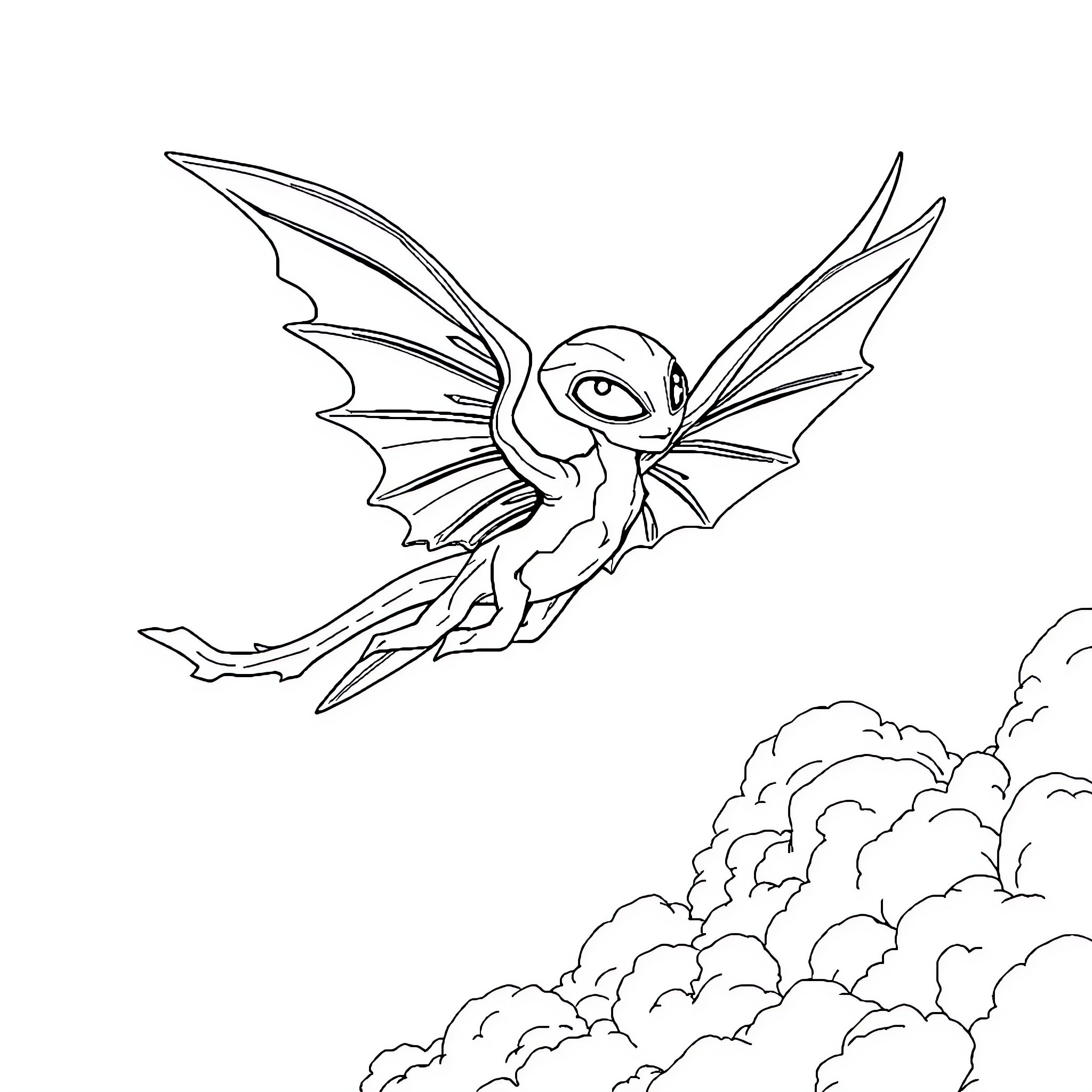Alien creature soaring through cloudy skies Coloring Page (free black-and-white line drawing printable PDF for all, from beginners to advanced learners, including children, teens, adults, and seniors)
