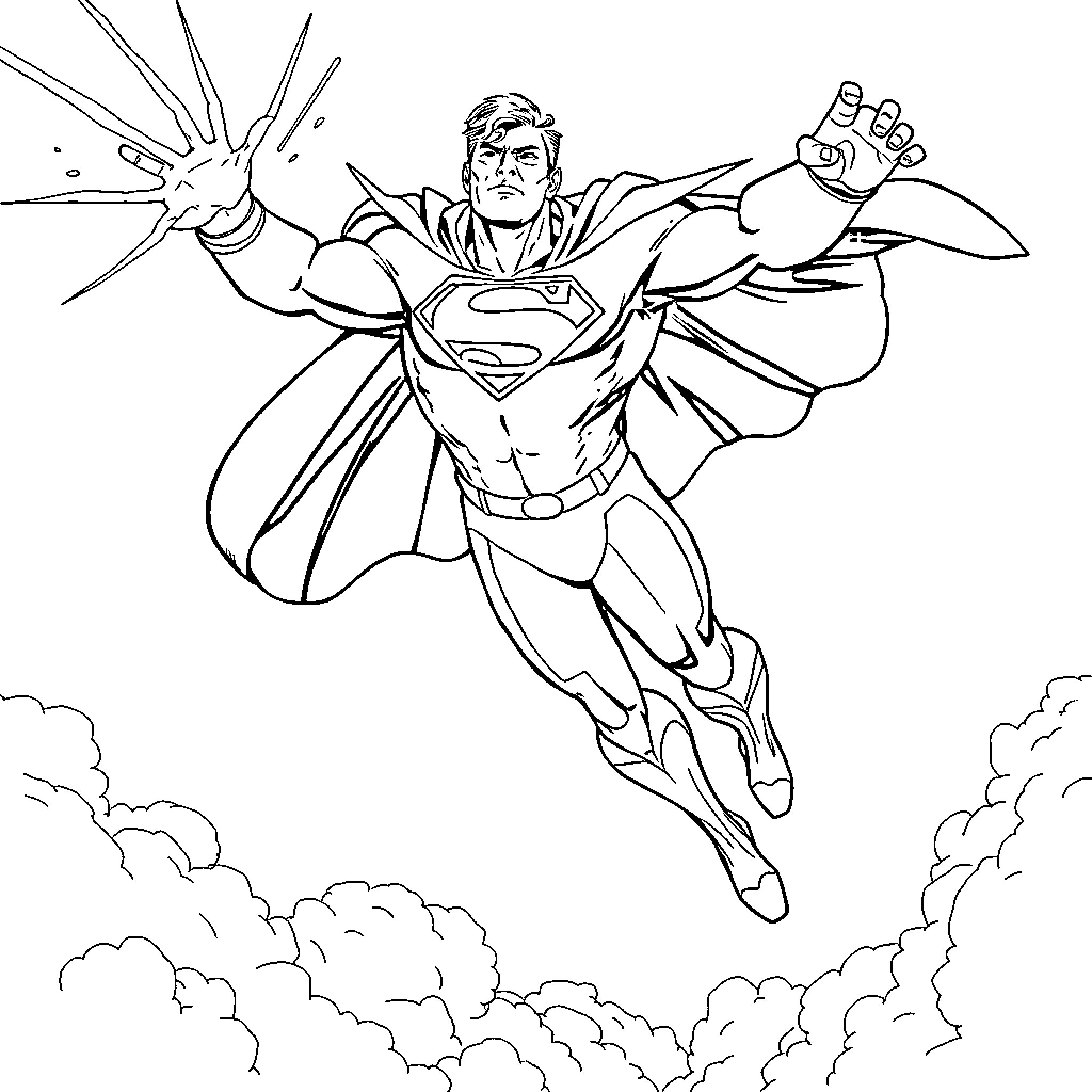 Superman flying in action with powerful pose Coloring Page (free black-and-white line drawing printable PDF for all, from beginners to advanced learners, including children, teens, adults, and seniors)