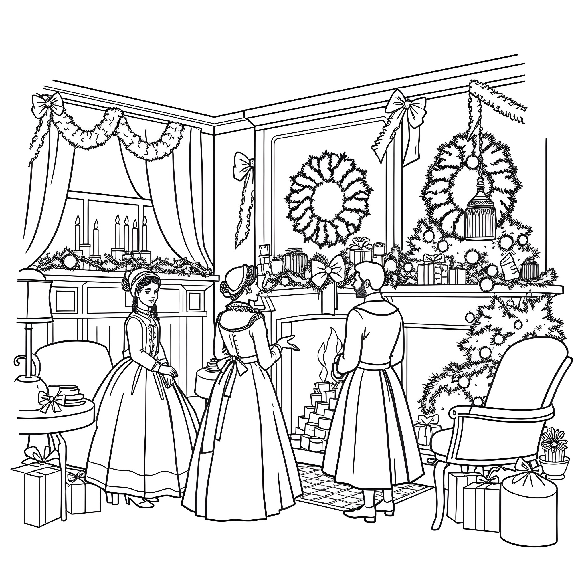 Pride and Prejudice: Festive Gathering in Elegant Drawing Room Coloring Page (free black-and-white line drawing printable PDF for all, from beginners to advanced learners, including children, teens, adults, and seniors)