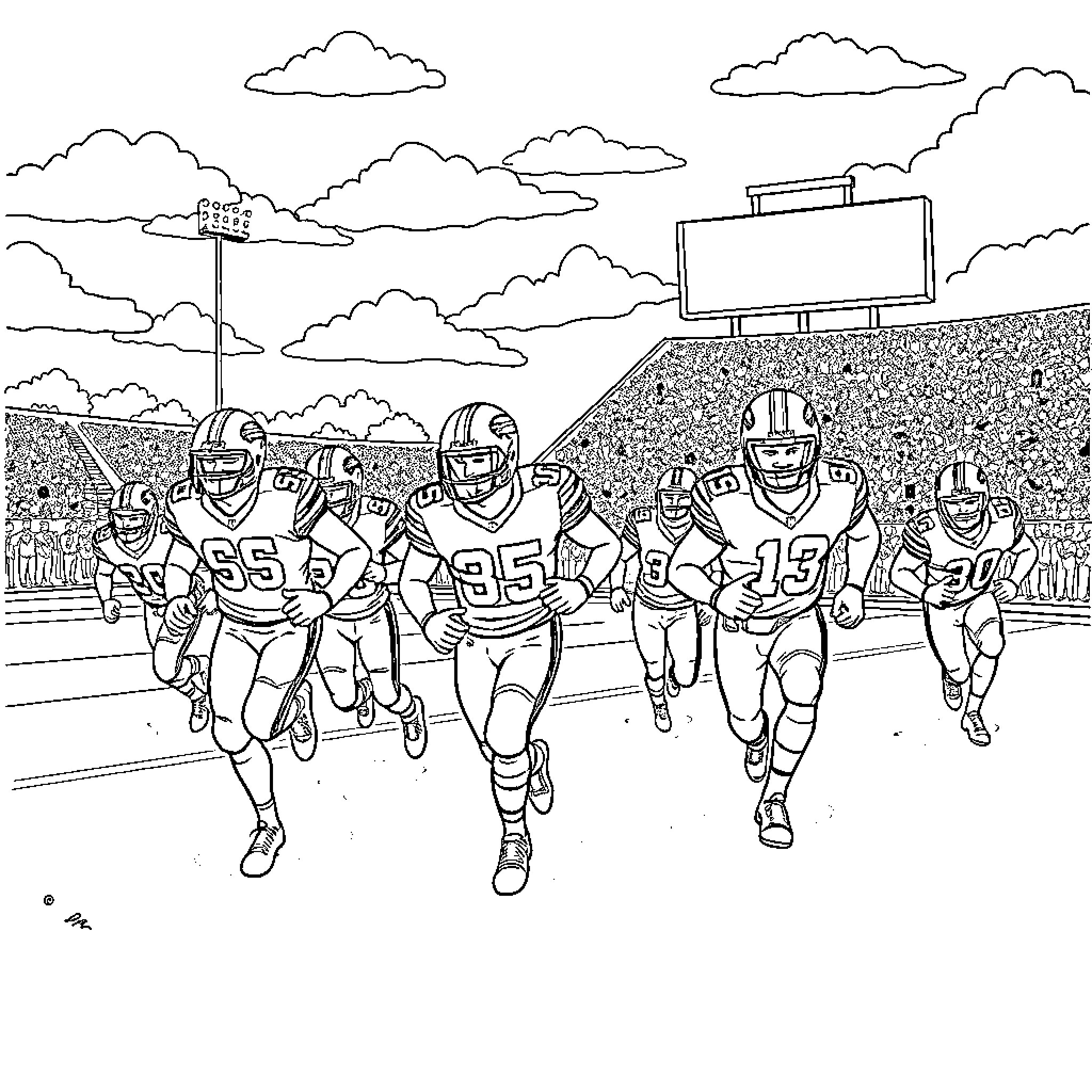 Football Players Running onto the Field Coloring Page (free black-and-white line drawing printable PDF for all, from beginners to advanced learners, including children, teens, adults, and seniors)