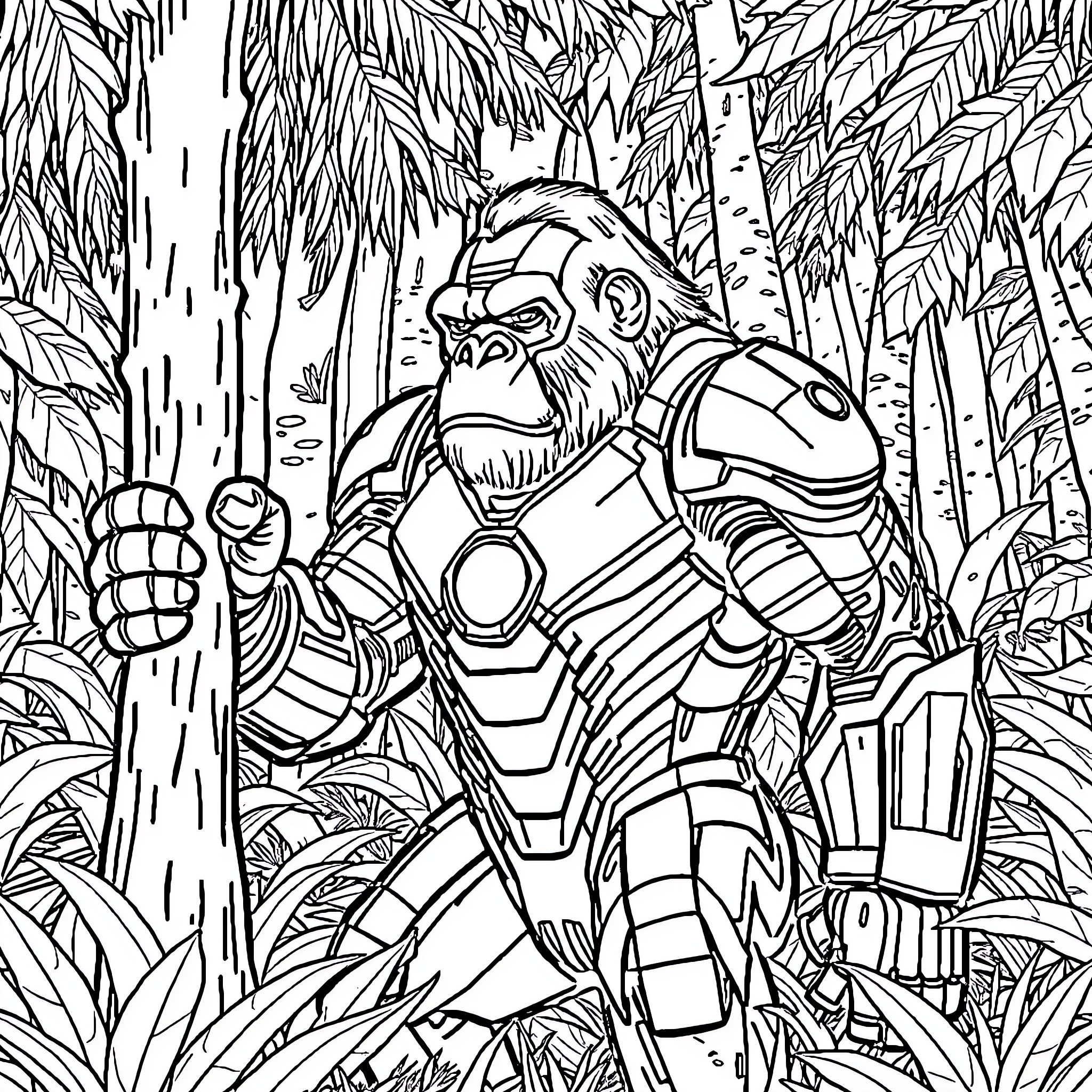 Gorilla warrior in armored suit in dense forest Coloring Page (free black-and-white line drawing printable PDF for all, from beginners to advanced learners, including children, teens, adults, and seniors)