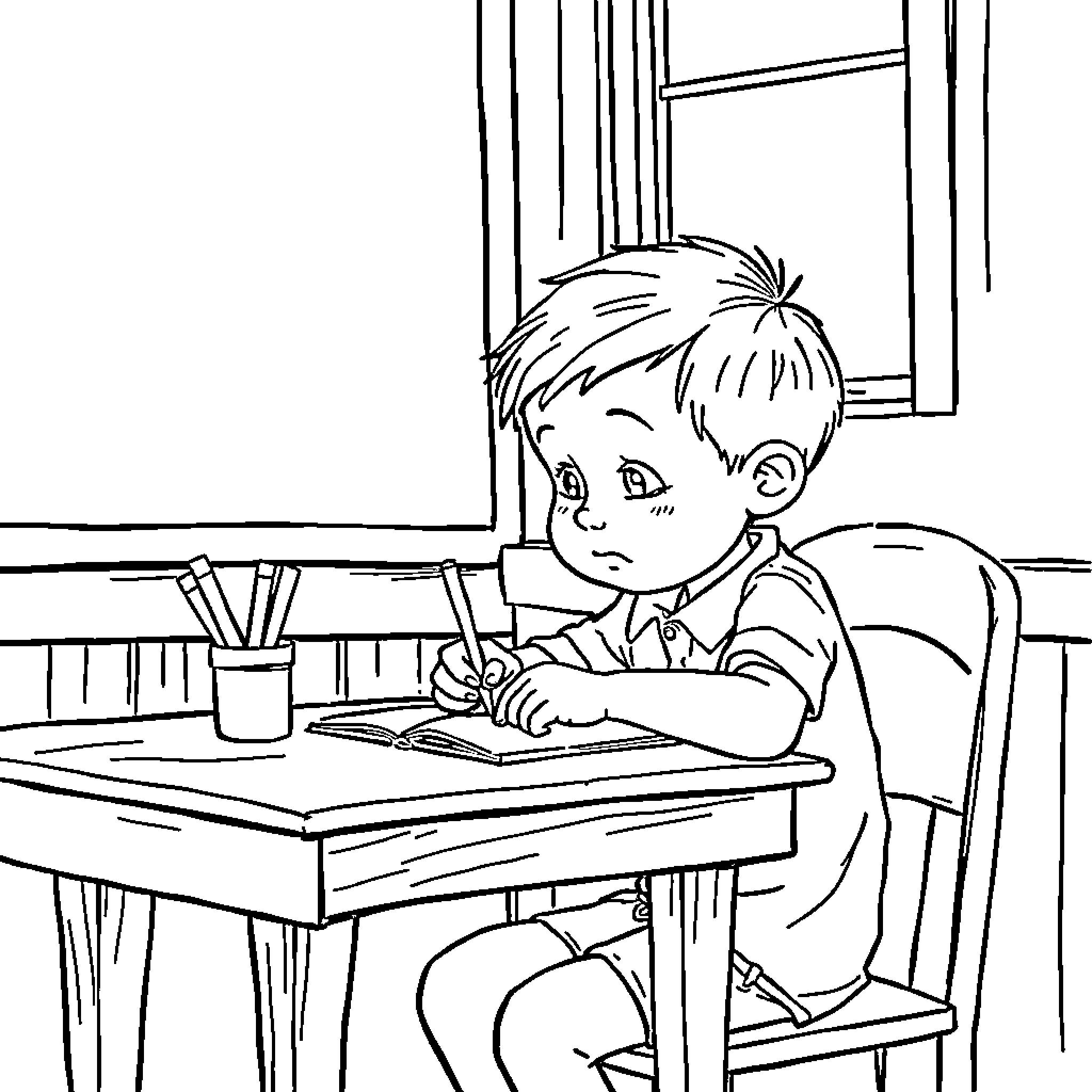 Kid studying diligently at desk in classroom Coloring Page (free black-and-white line drawing printable PDF for all, from beginners to advanced learners, including children, teens, adults, and seniors)