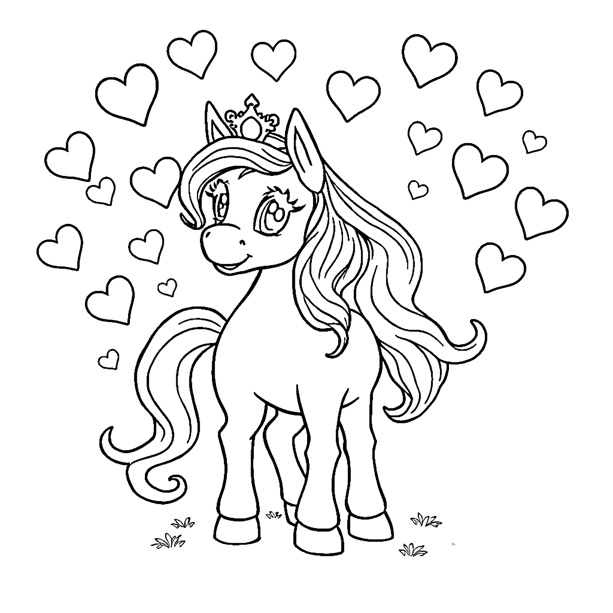 Pony with heart-shaped crown and floating hearts Coloring Page (free black-and-white line drawing printable PDF for all, from beginners to advanced learners, including children, teens, adults, and seniors)