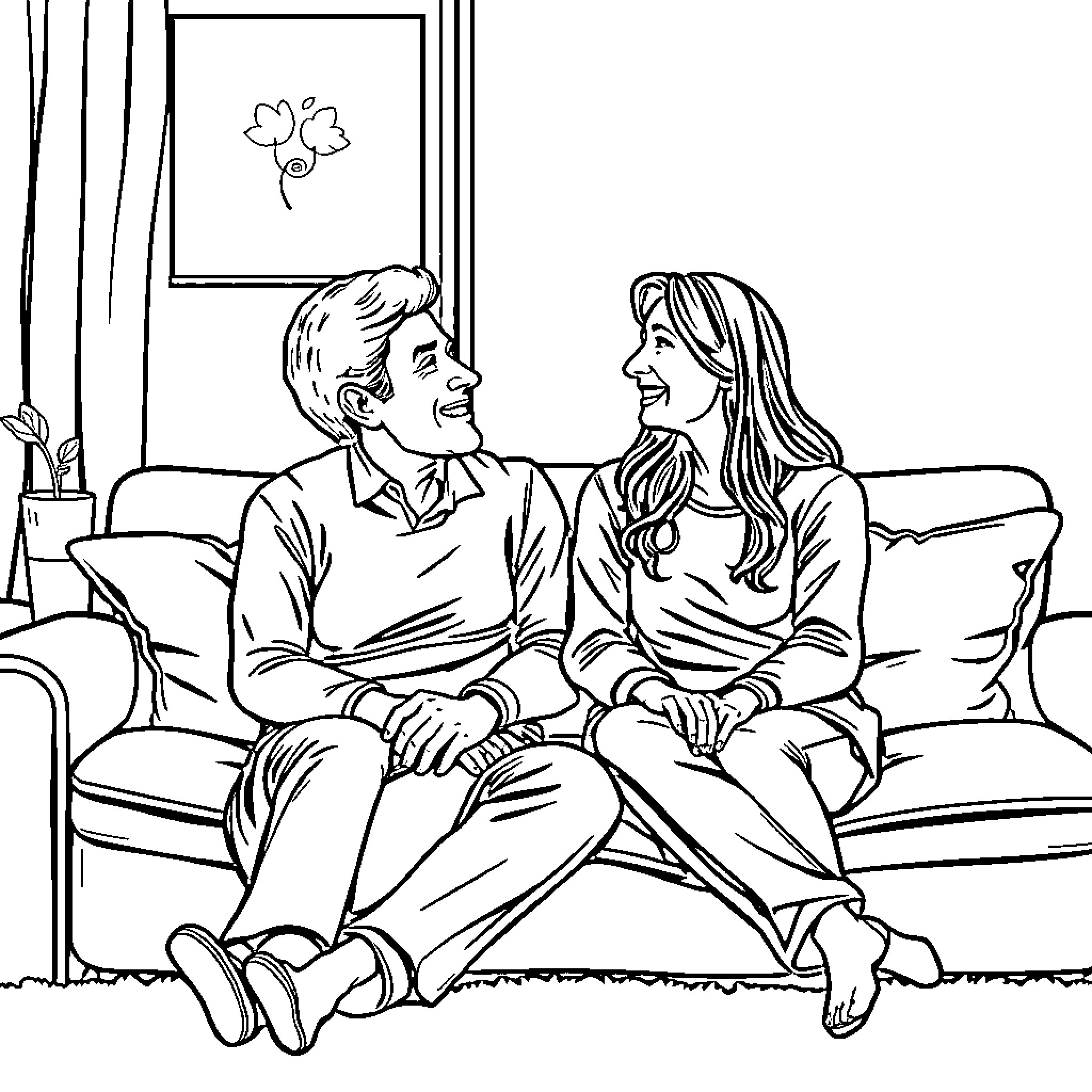 Parent and Child Enjoying Cozy Moment Coloring Page (free black-and-white line drawing printable PDF for all, from beginners to advanced learners, including children, teens, adults, and seniors)