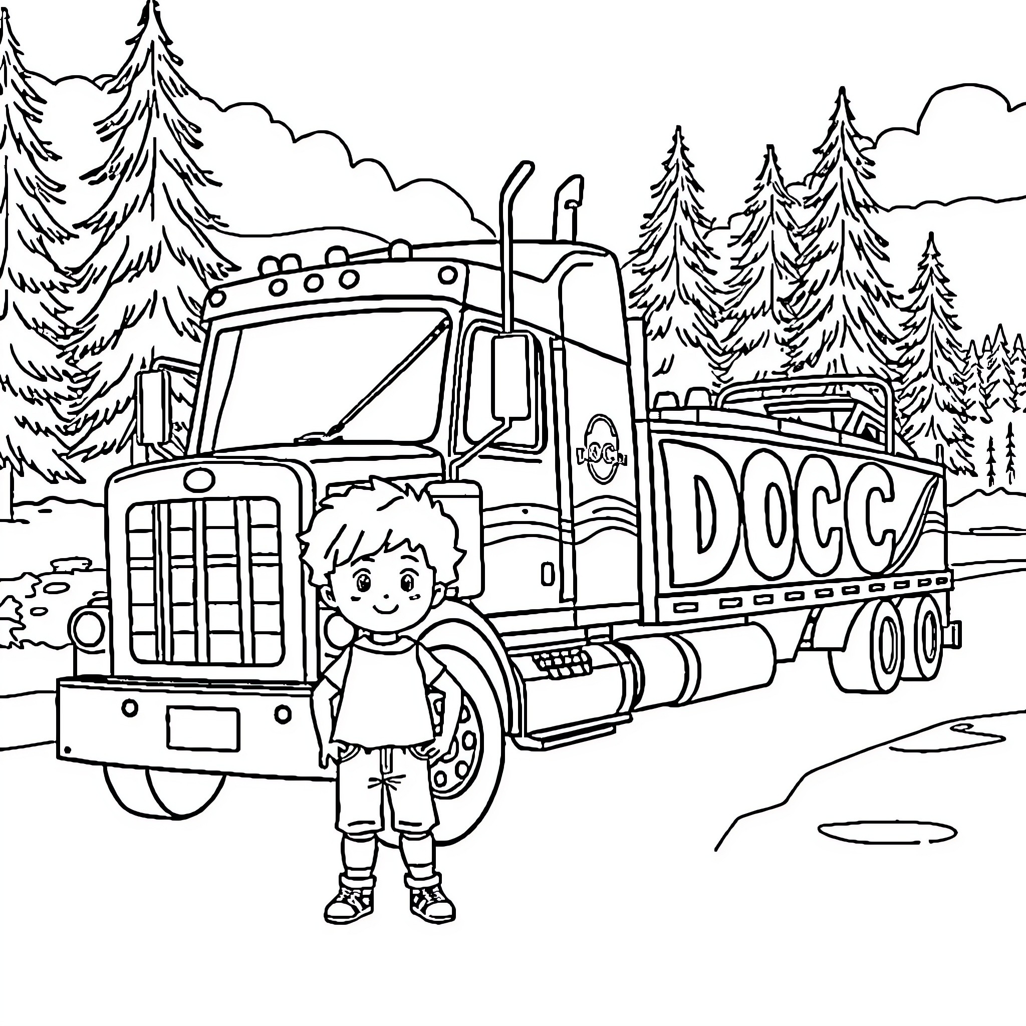 Toddler exploring large transport truck in forest Coloring Page (free black-and-white line drawing printable PDF for all, from beginners to advanced learners, including children, teens, adults, and seniors)