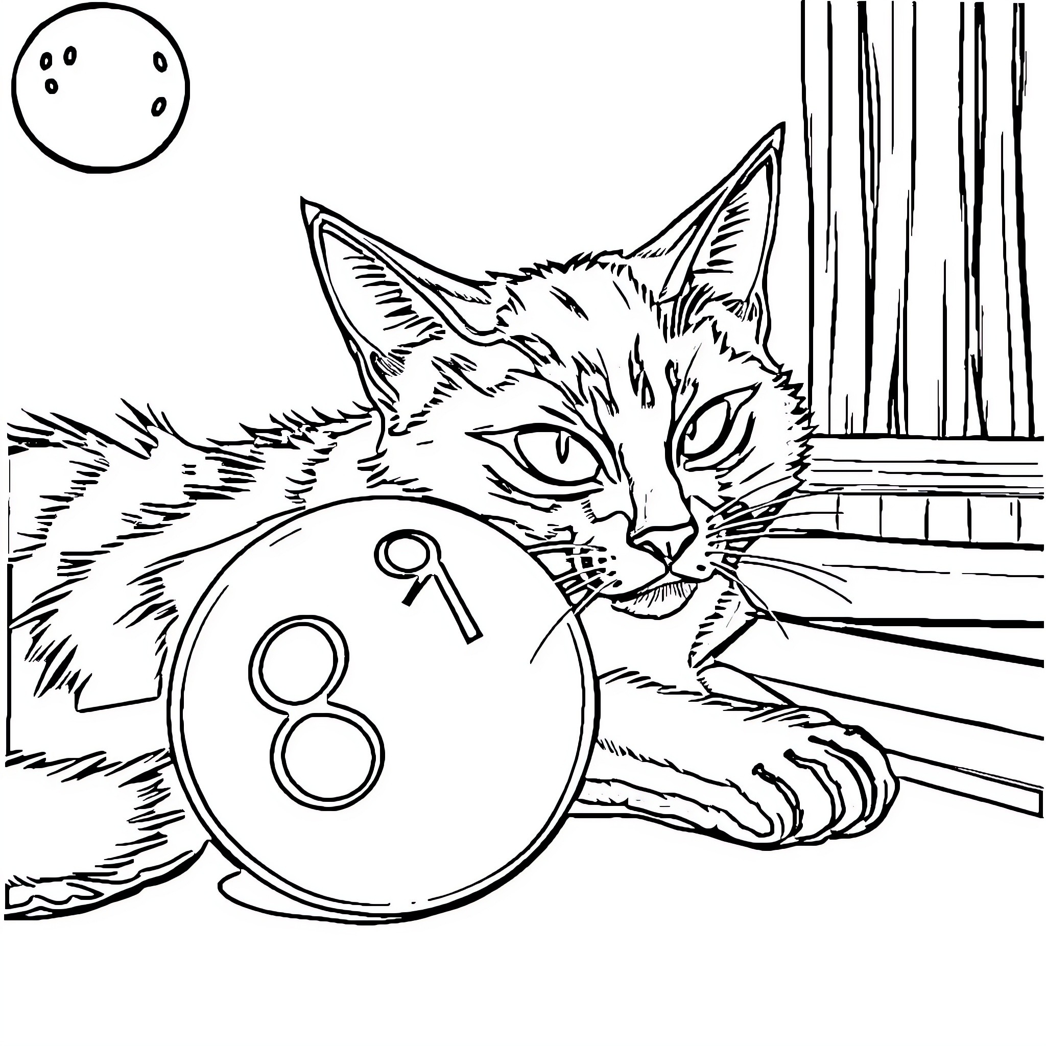 Cat playing with pool balls in room Coloring Page (free black-and-white line drawing printable PDF for all, from beginners to advanced learners, including children, teens, adults, and seniors)