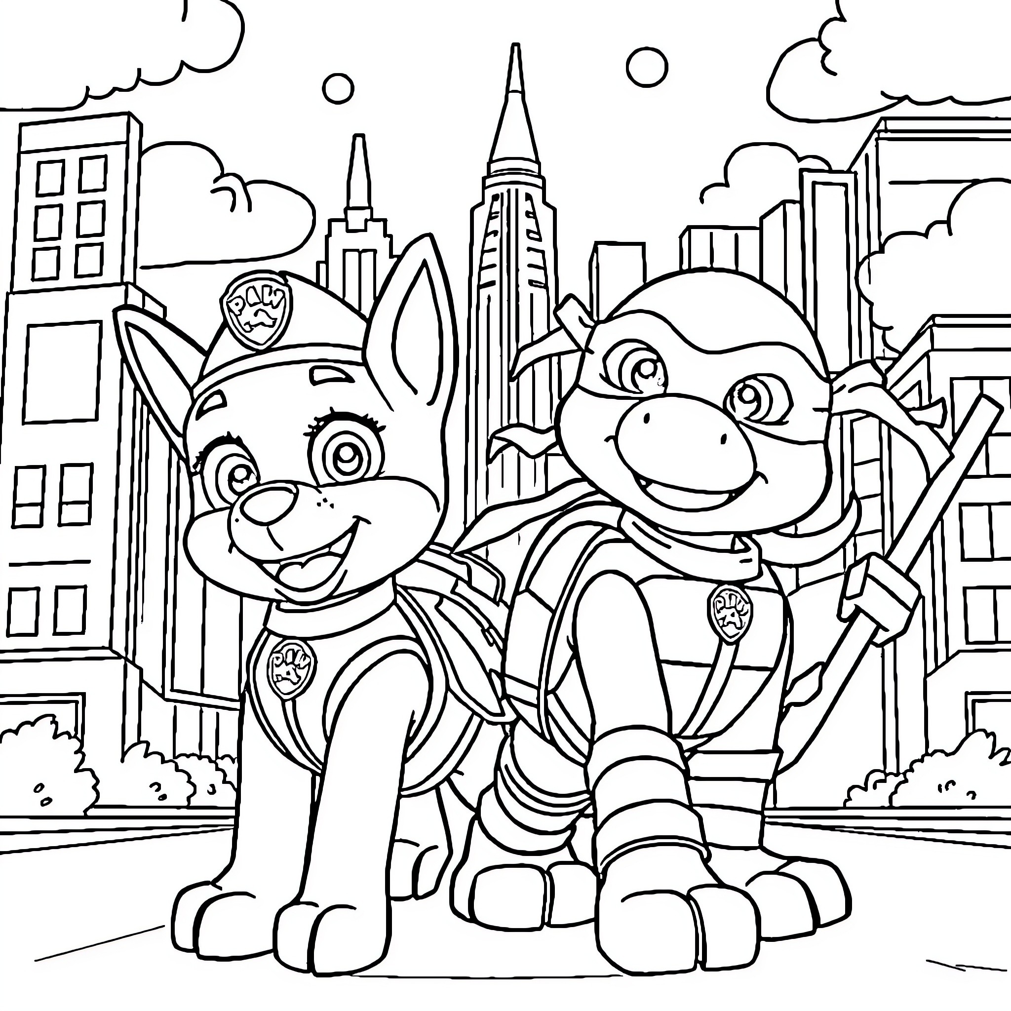 Paw Patrol Adventuring Through the City Coloring Page (free black-and-white line drawing printable PDF for all, from beginners to advanced learners, including children, teens, adults, and seniors)
