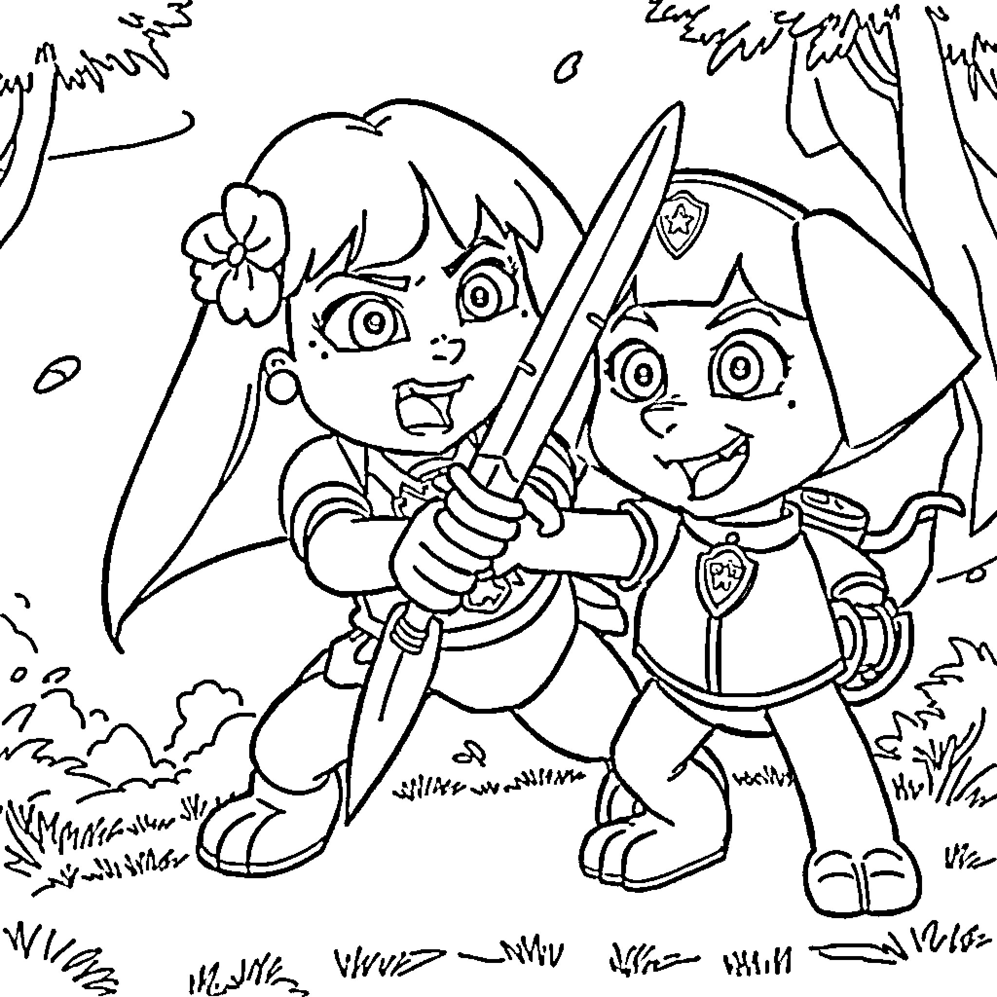 Paw Patrol characters exploring the outdoors Coloring Page (free black-and-white line drawing printable PDF for all, from beginners to advanced learners, including children, teens, adults, and seniors)