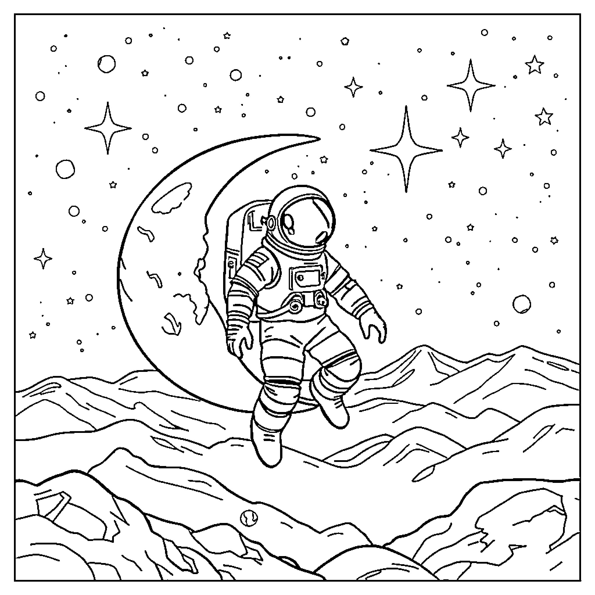 Astronaut exploring the moon under a starry night sky Coloring Page (free black-and-white line drawing printable PDF for all, from beginners to advanced learners, including children, teens, adults, and seniors)