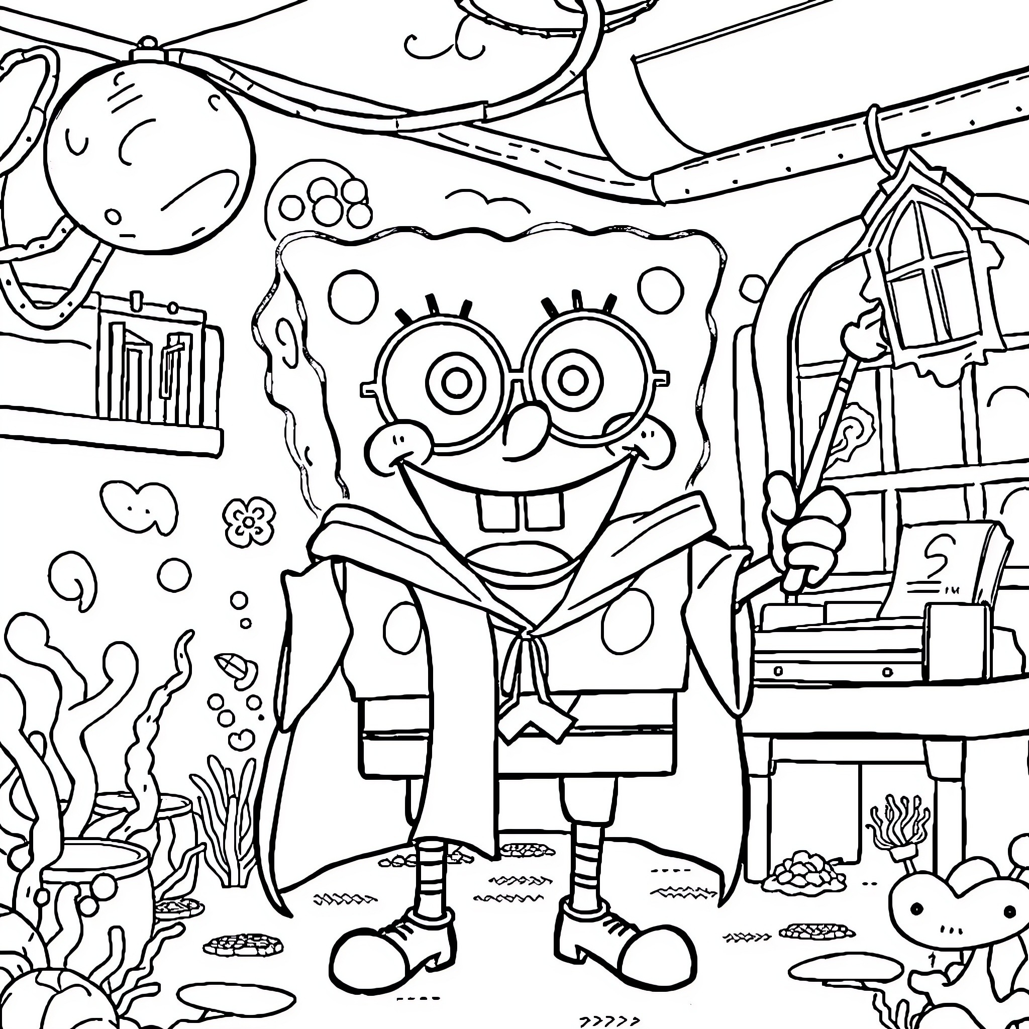 Spongebob's Underwater Adventure Coloring Page (free black-and-white line drawing printable PDF for all, from beginners to advanced learners, including children, teens, adults, and seniors)