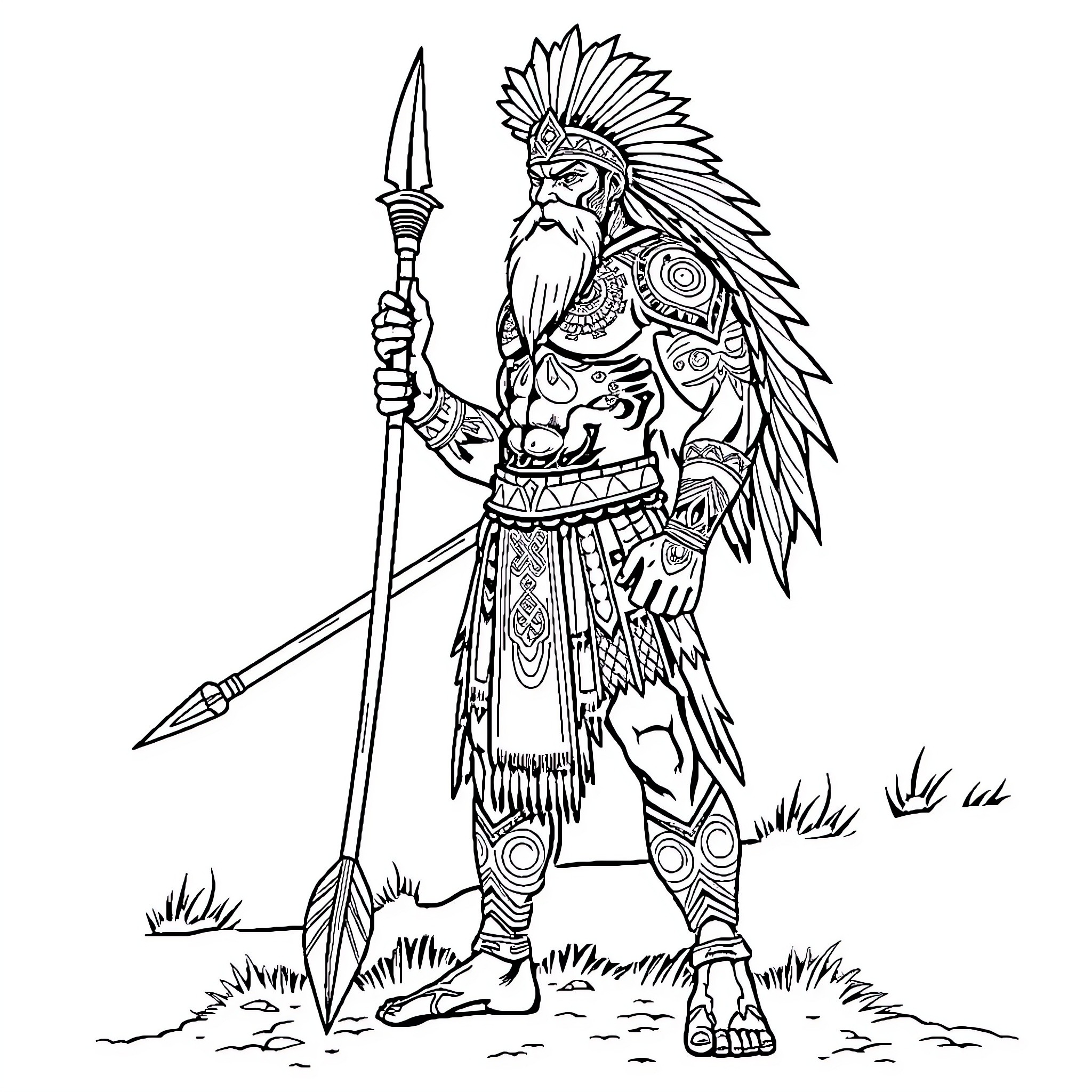 Maori Warrior Standing Tall with Spear and Headdress Coloring Page (free black-and-white line drawing printable PDF for all, from beginners to advanced learners, including children, teens, adults, and seniors)