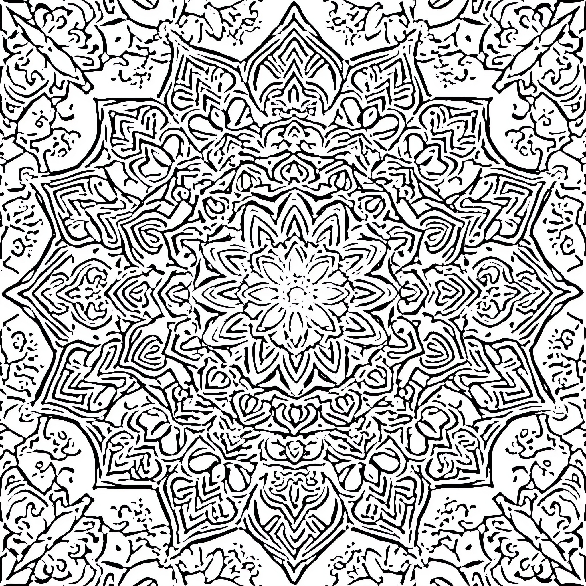 Mandala with intricate floral patterns and geometric designs Coloring Page (free black-and-white line drawing printable PDF for all, from beginners to advanced learners, including children, teens, adults, and seniors)