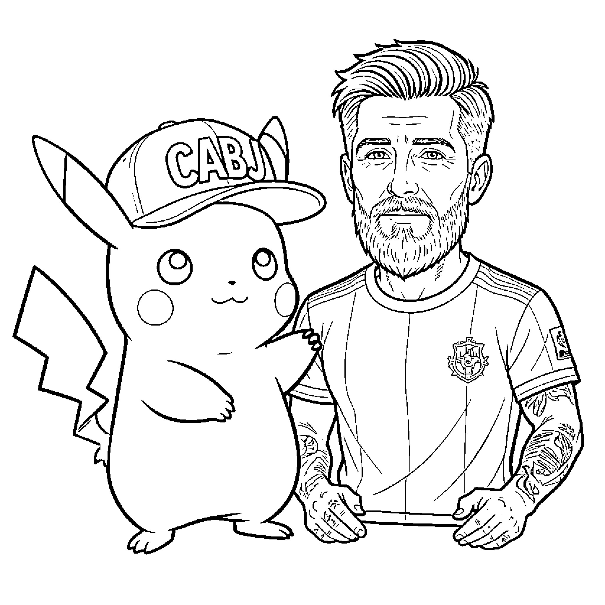 Pikachu and a Bearded Man in a Cap Coloring Page (free black-and-white line drawing printable PDF for all, from beginners to advanced learners, including children, teens, adults, and seniors)