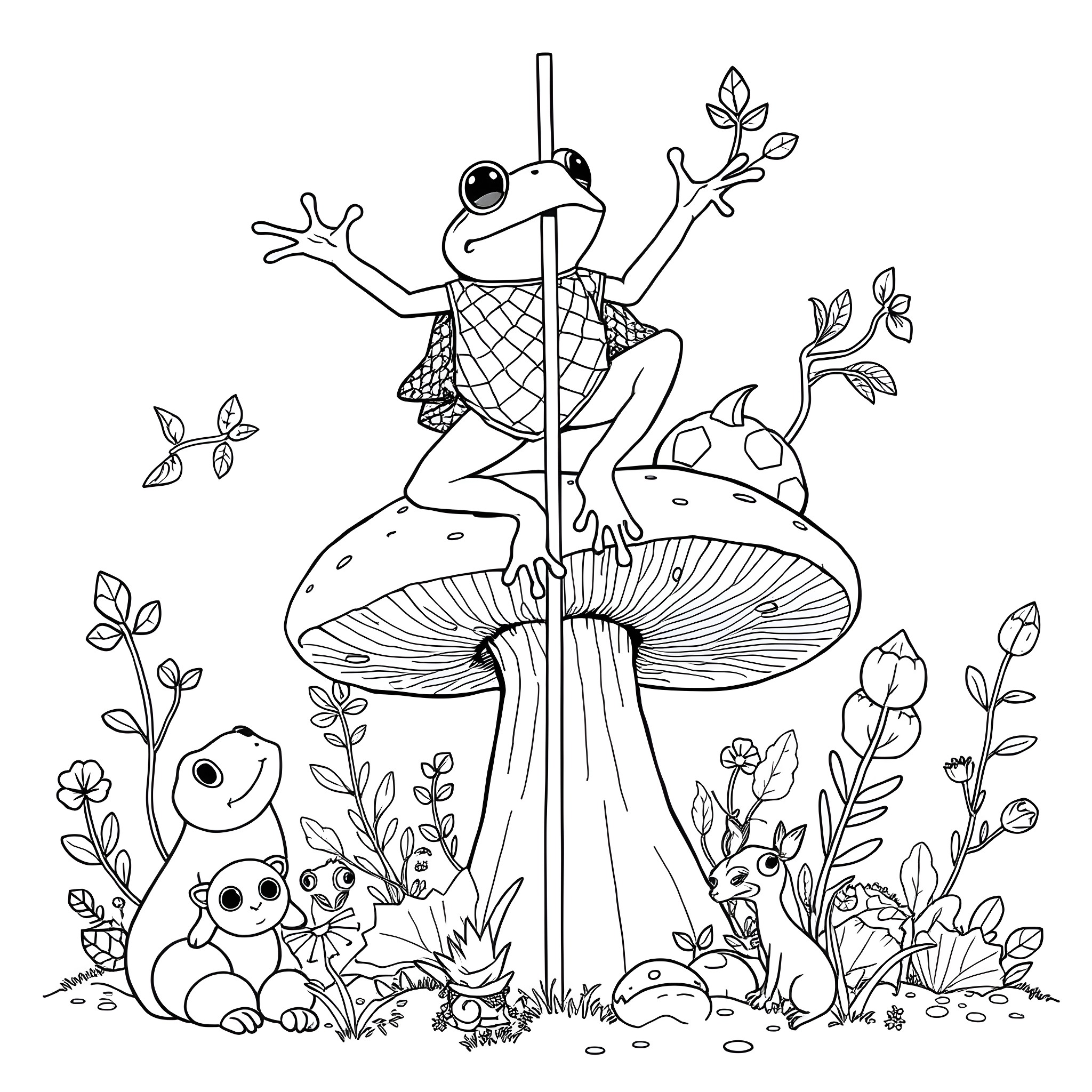 Frog enjoying the enchanted mushroom forest Coloring Page (free black-and-white line drawing printable PDF for all, from beginners to advanced learners, including children, teens, adults, and seniors)