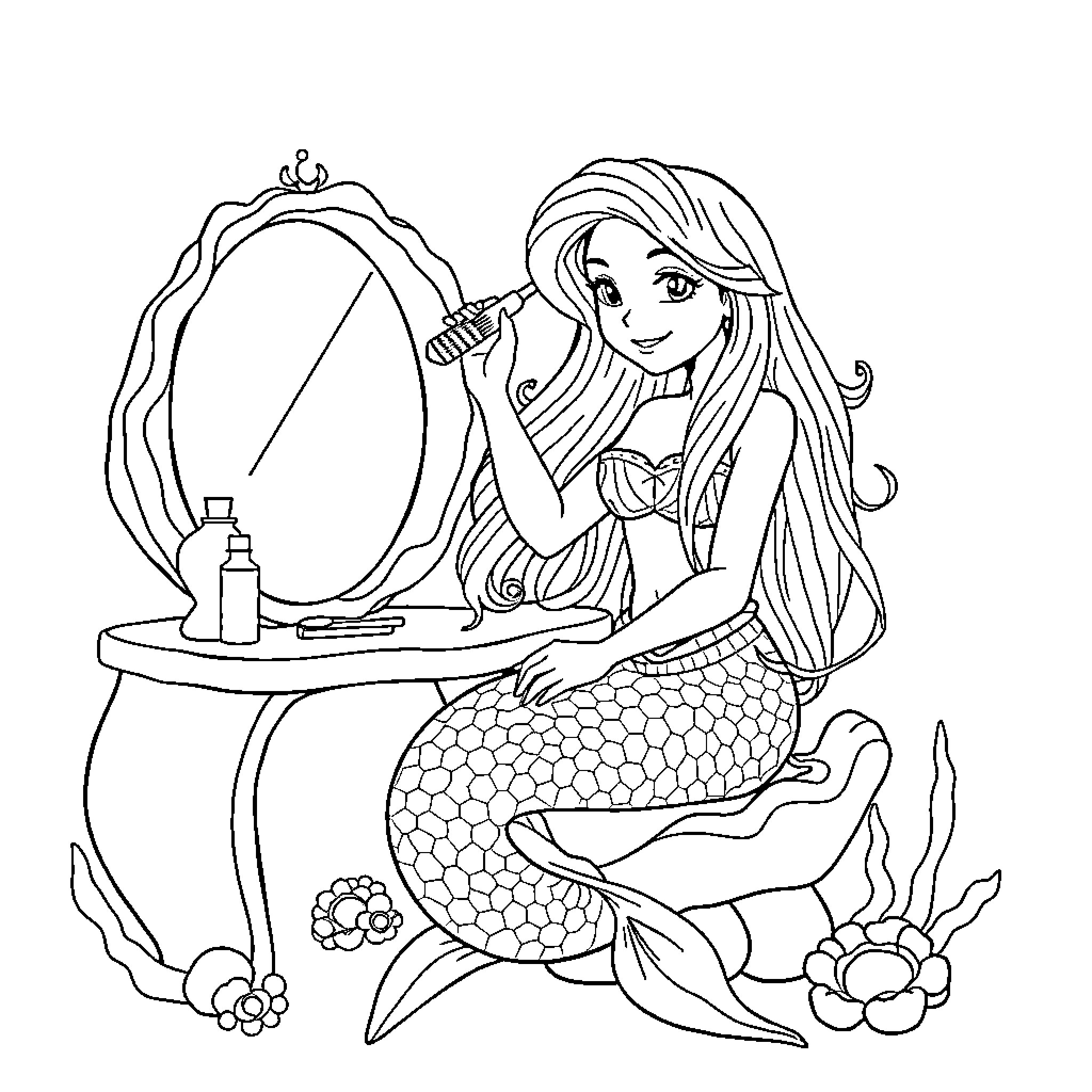 Mermaid admiring her reflection in the mirror Coloring Page (free black-and-white line drawing printable PDF for all, from beginners to advanced learners, including children, teens, adults, and seniors)