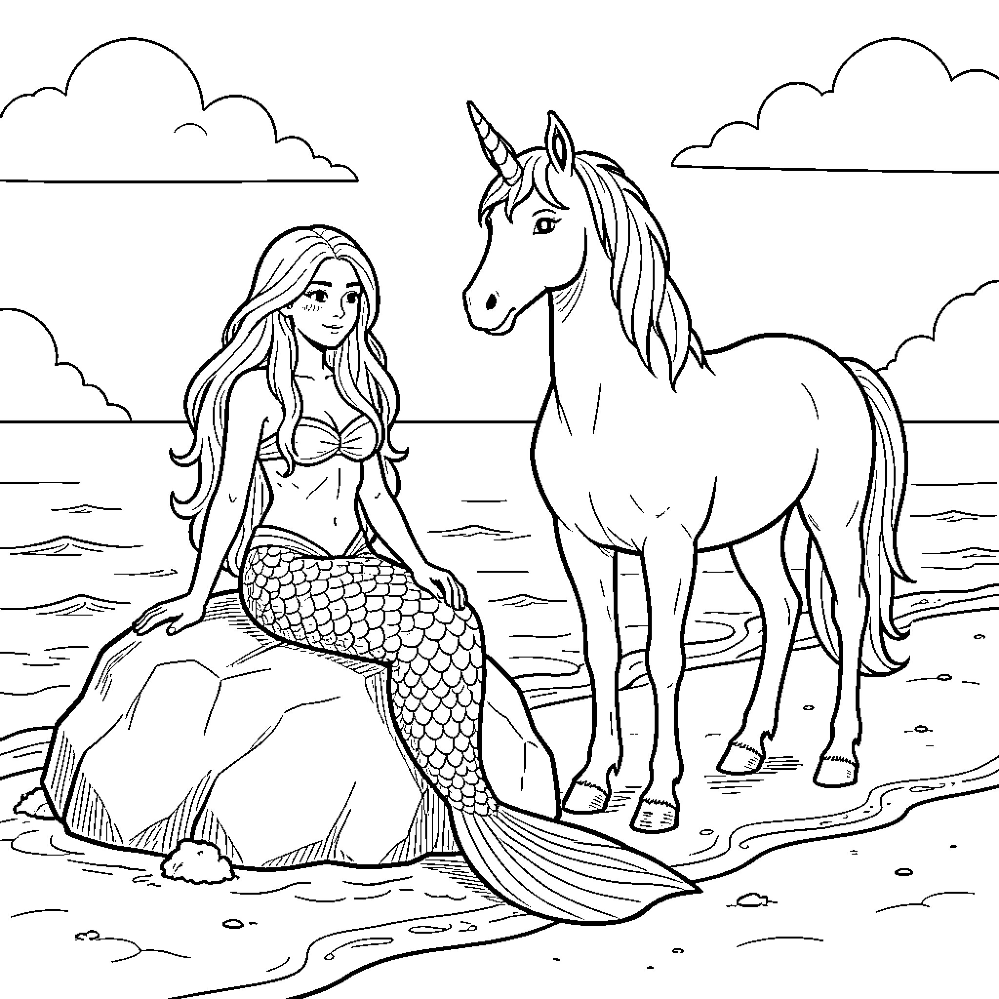 Mermaid sitting on a rock beside a unicorn Coloring Page (free black-and-white line drawing printable PDF for all, from beginners to advanced learners, including children, teens, adults, and seniors)