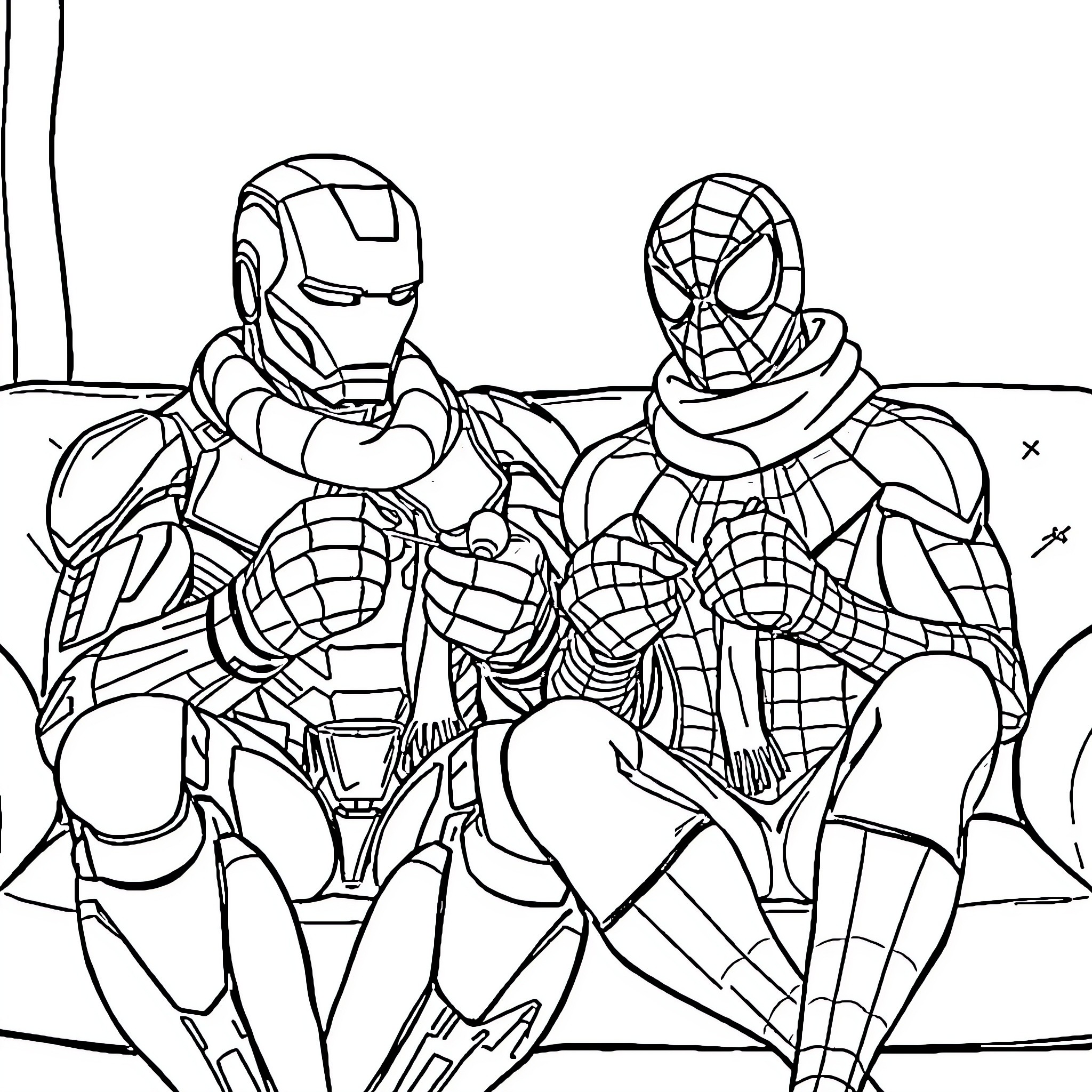 Ironman and Spiderman hero characters in action scene Coloring Page (free black-and-white line drawing printable PDF for all, from beginners to advanced learners, including children, teens, adults, and seniors)
